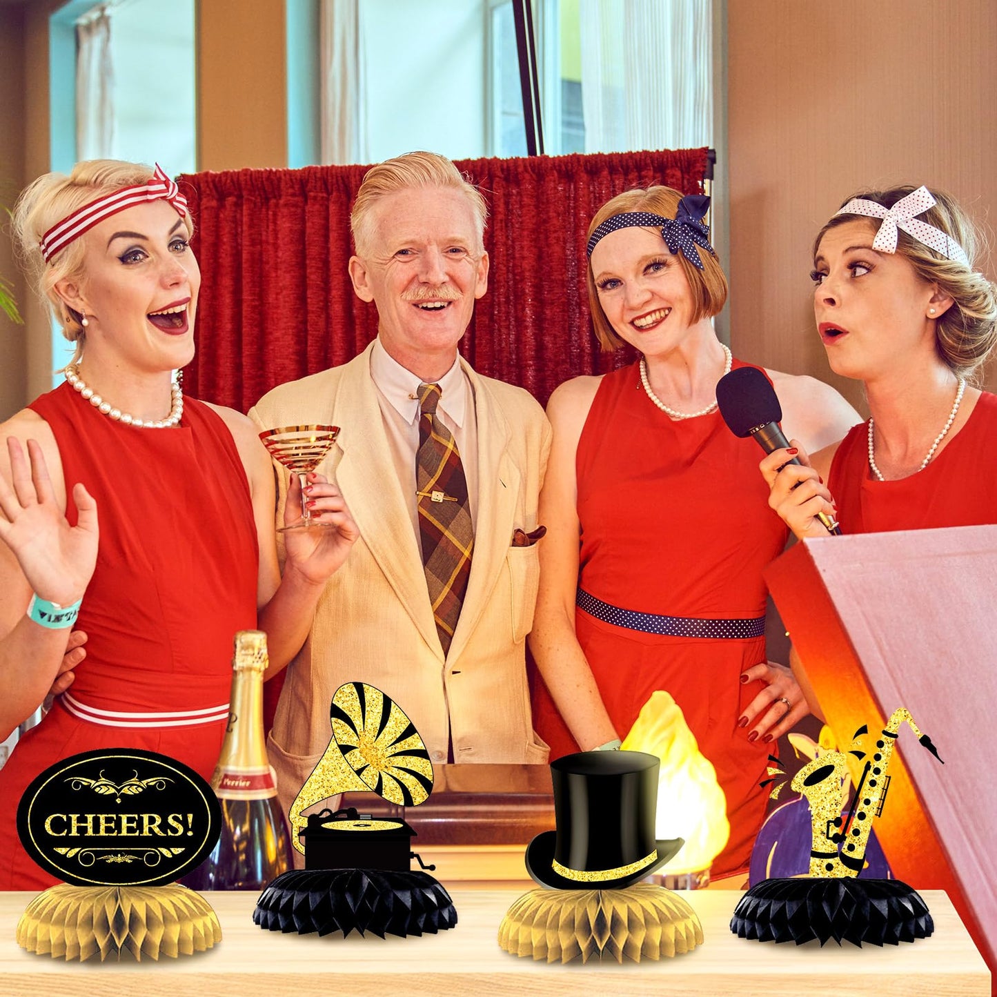 Epakh 10 Pcs Roaring 1920s Party Decorations – Black & Gold Honeycomb Centerpieces