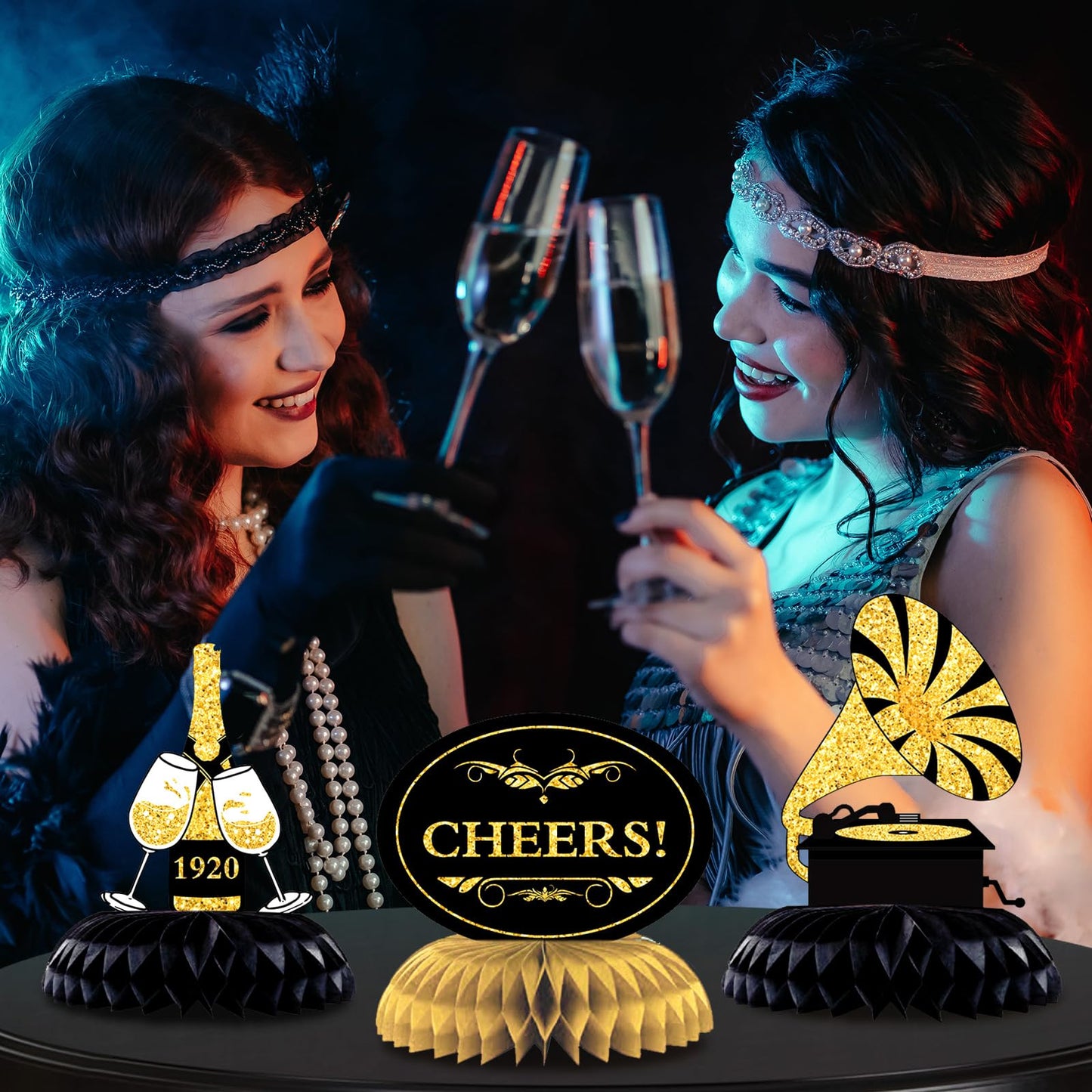 Epakh 10 Pcs Roaring 1920s Party Decorations – Black & Gold Honeycomb Centerpieces