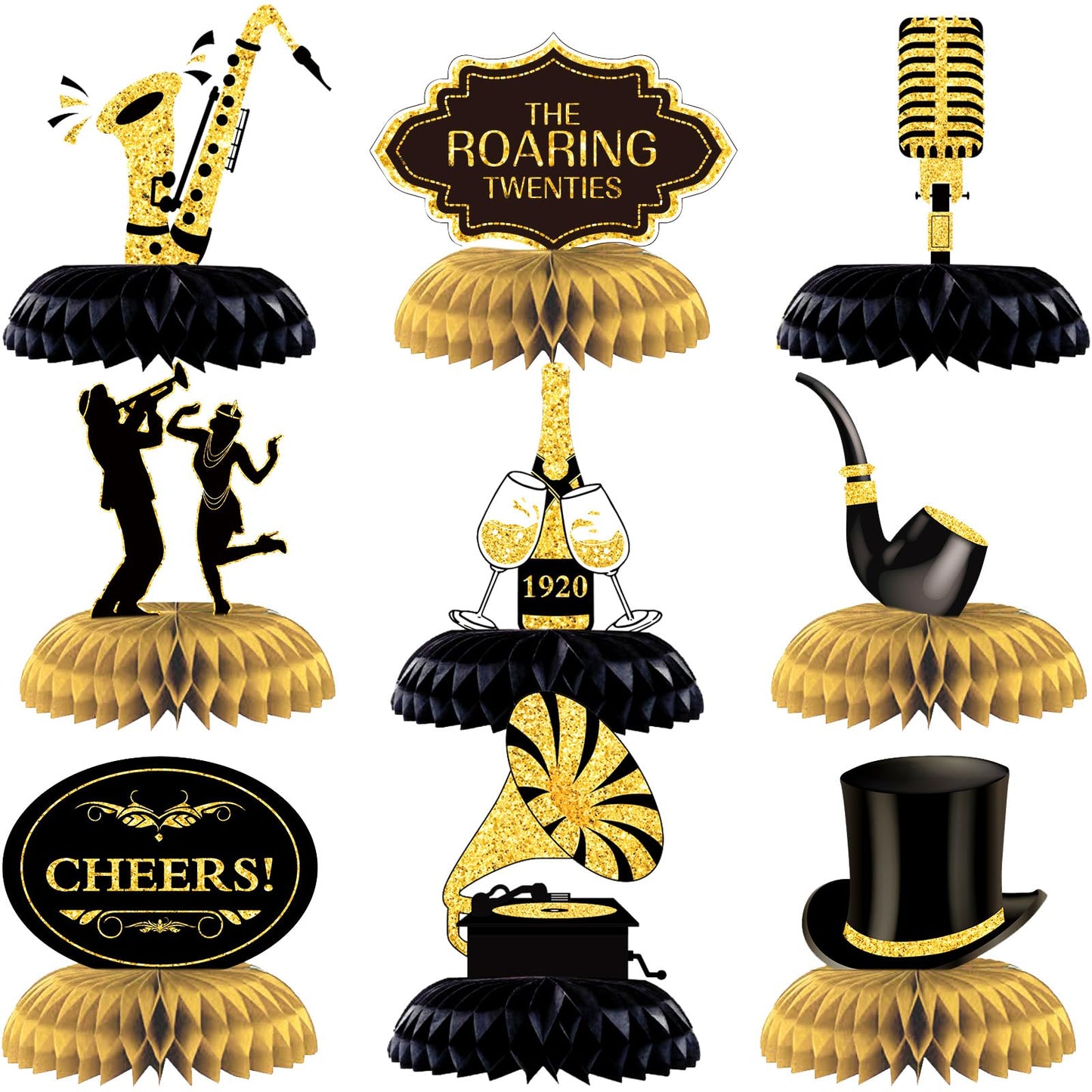 Epakh 10 Pcs Roaring 1920s Party Decorations – Black & Gold Honeycomb Centerpieces