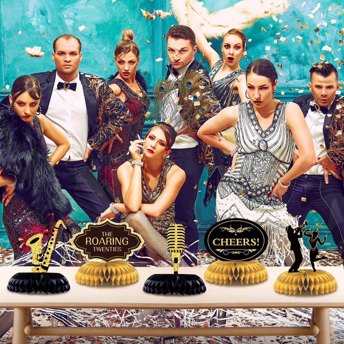 Epakh 10 Pcs Roaring 1920s Party Decorations – Black & Gold Honeycomb Centerpieces