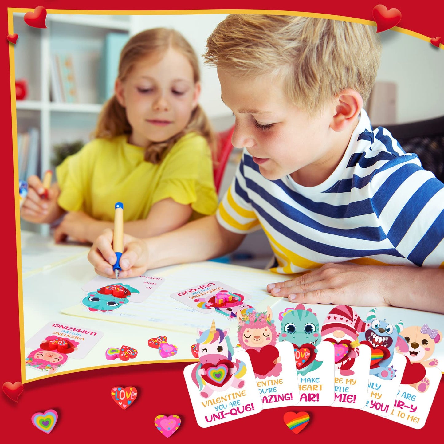 Epakh Valentine Cards & Heart Erasers Set — 24 Cards, 24 Erasers, 40 Dots, 6 Styles