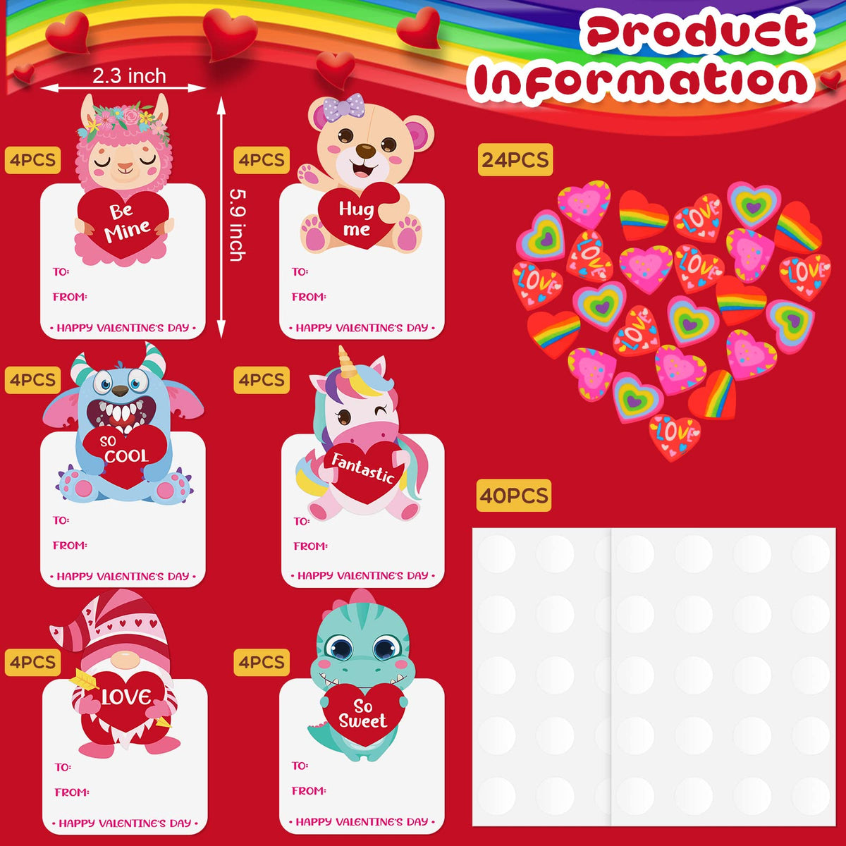 Epakh Valentine Cards & Heart Erasers Set — 24 Cards, 24 Erasers, 40 Dots, 6 Styles