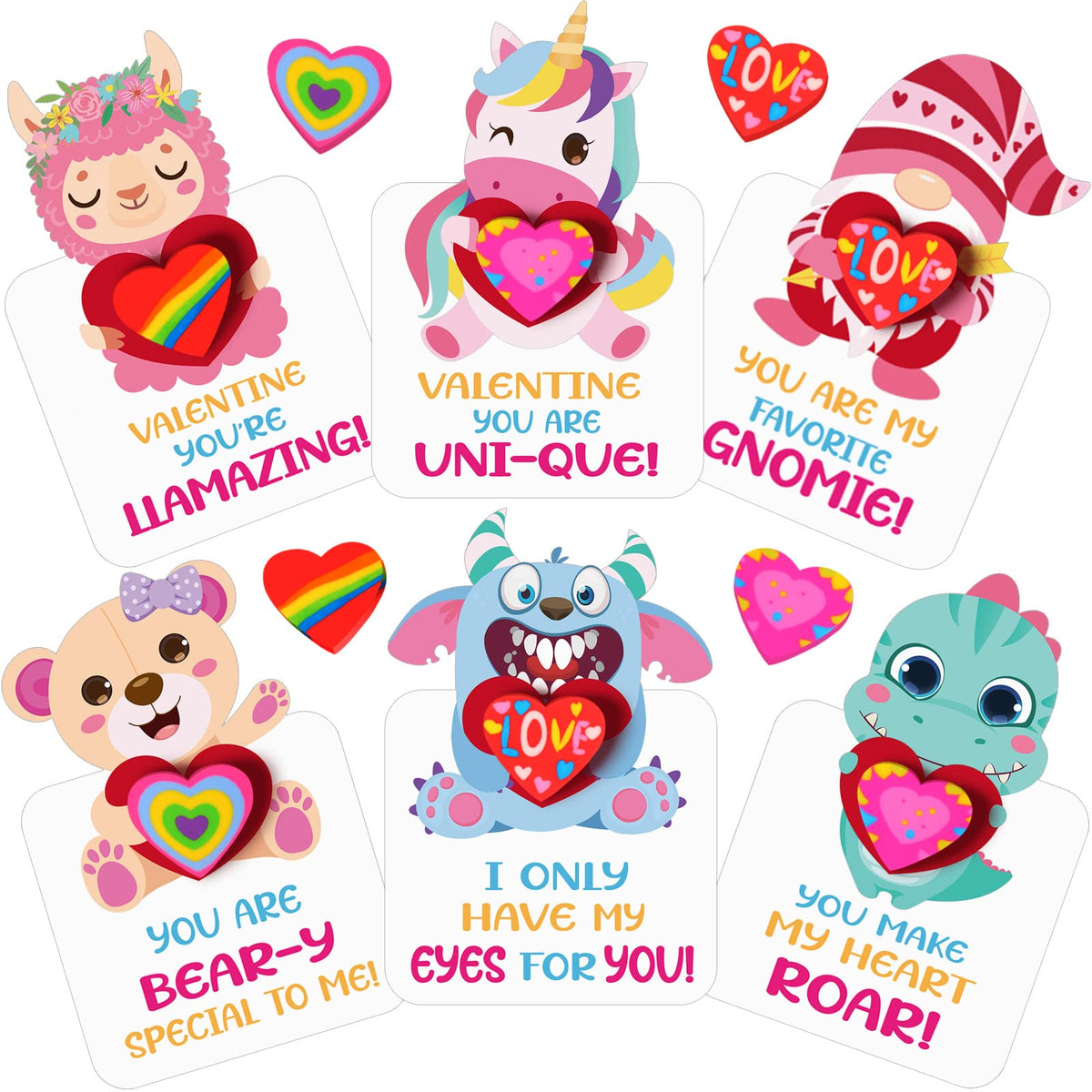 Epakh Valentine Cards & Heart Erasers Set — 24 Cards, 24 Erasers, 40 Dots, 6 Styles