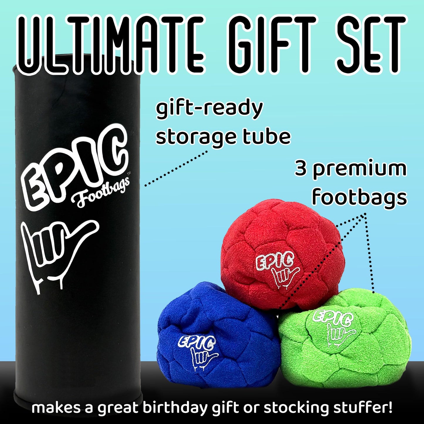 Epic Footbags Classic 3-Foot Bag Gift Set – Durable Suede, Family Fun (Red, Green, Blue)