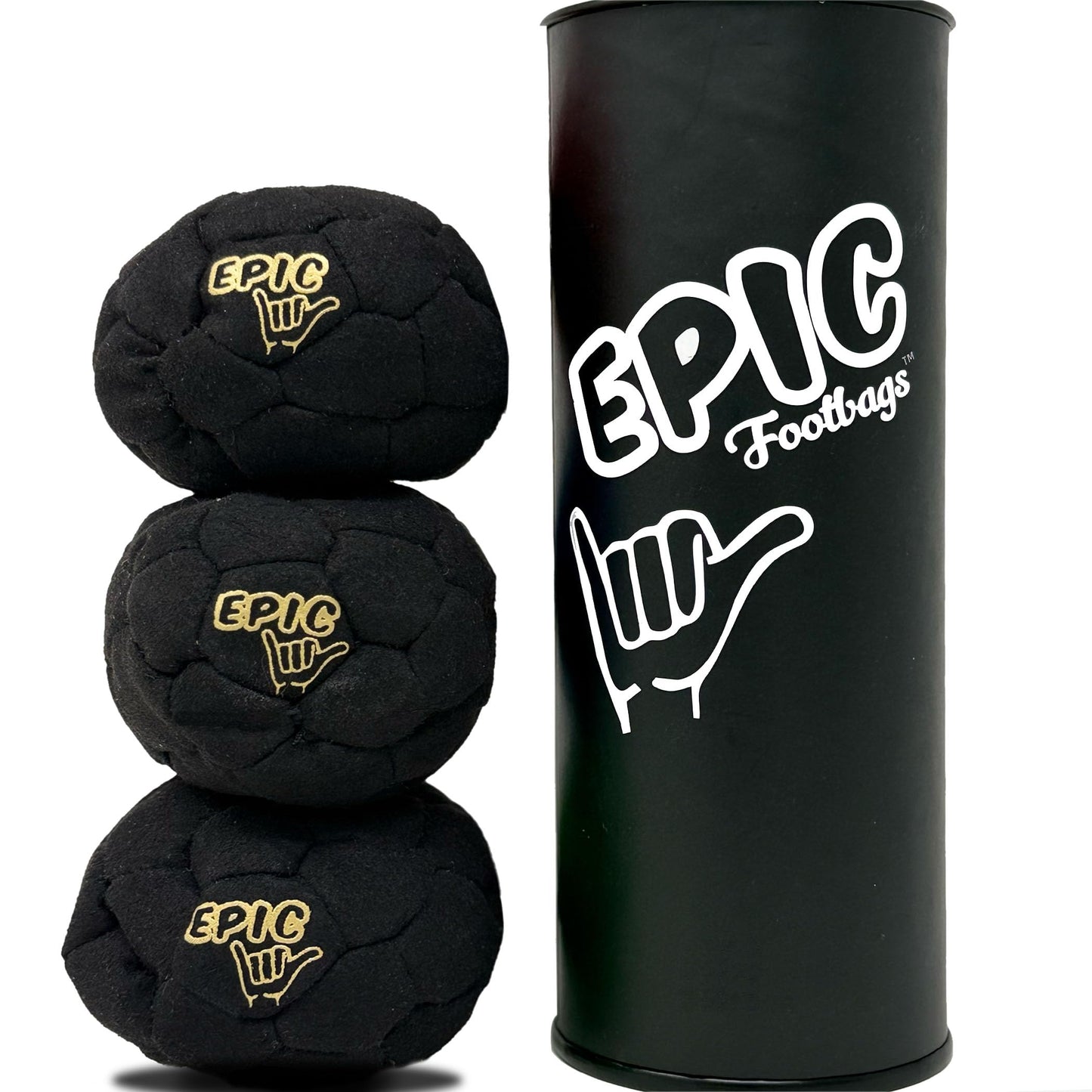 Epic Footbags Classic 3 Foot Bag Gift Set — Durable 32-Panel Suede Foot Bags (Black & Gold)