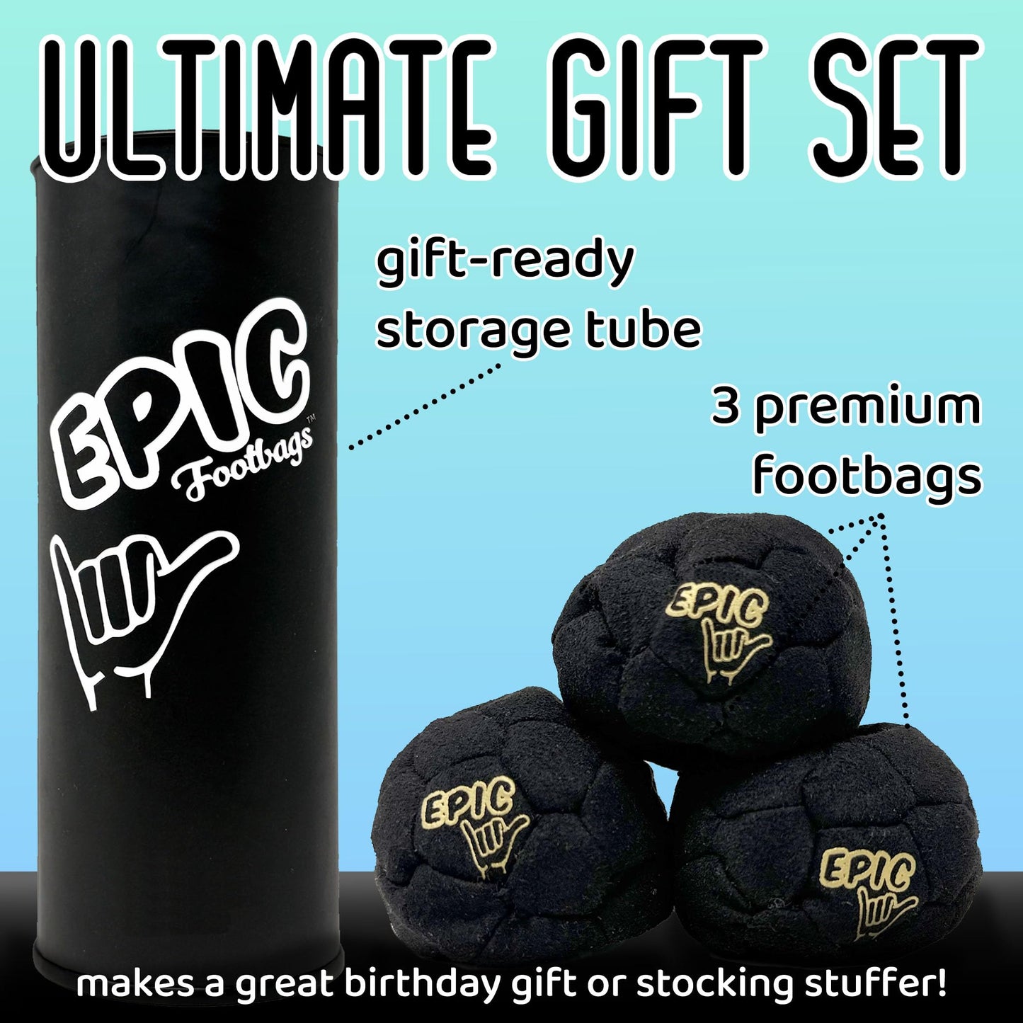 Epic Footbags Classic 3 Foot Bag Gift Set — Durable 32-Panel Suede Foot Bags (Black & Gold)