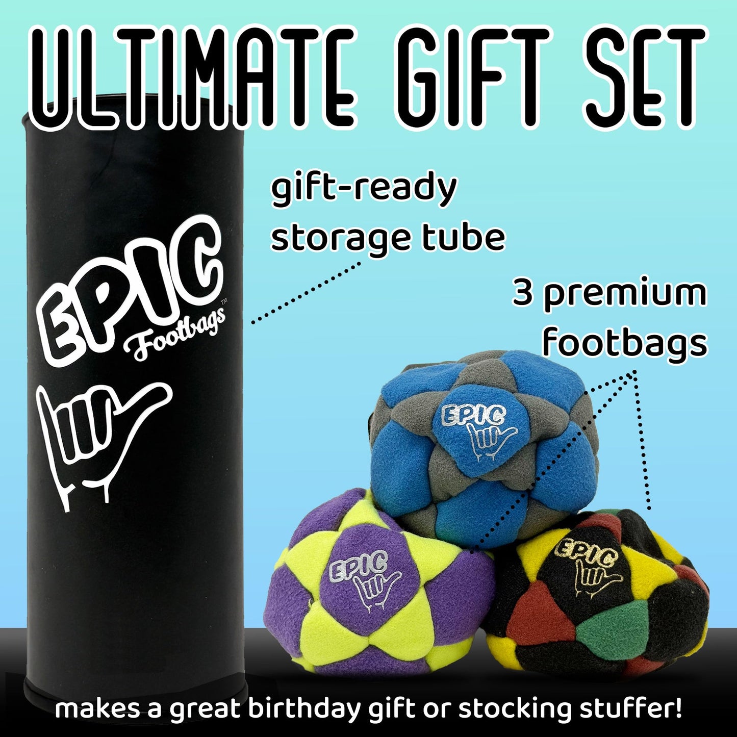Epic Footbags Deluxe 3 Foot Bag Gift Set – Tidal Storm, Radioactive, Rasta