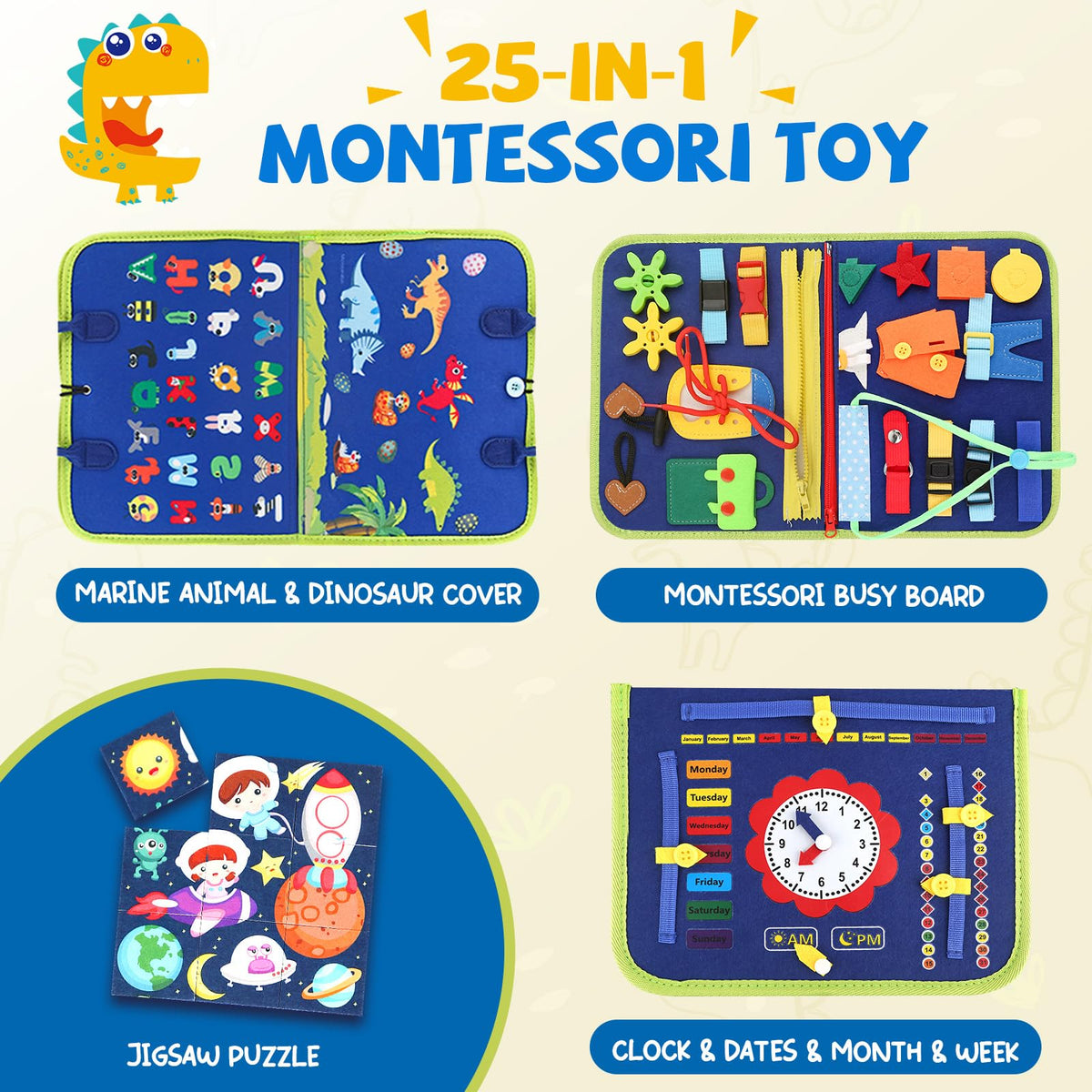 EPIMA Toddler Busy Board – Montessori Sensory Toy for 1-3 Year Olds | Blue Dinosaur