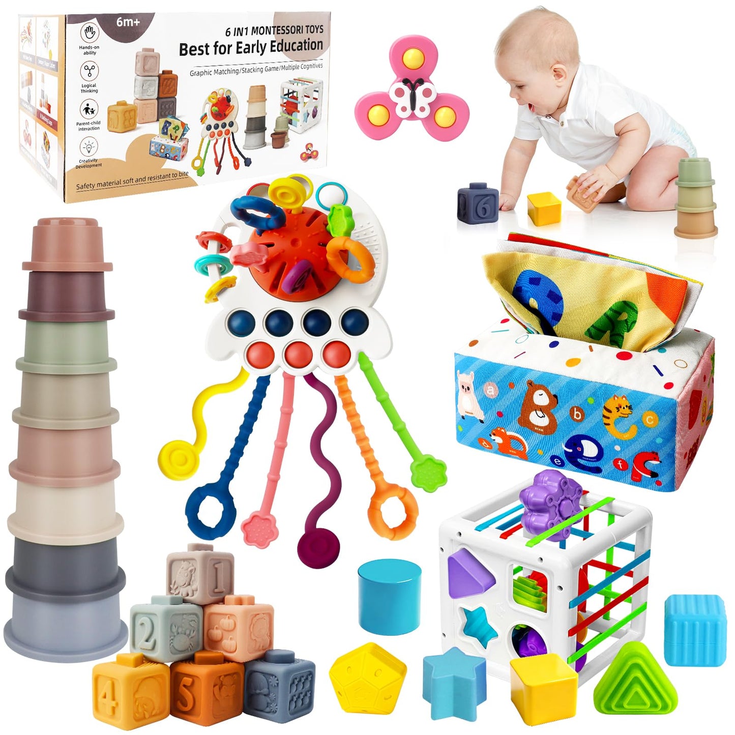 EPOGG 6-in-1 Montessori Toys for Babies 6-12 Months | Sensory & Motor Skills Set