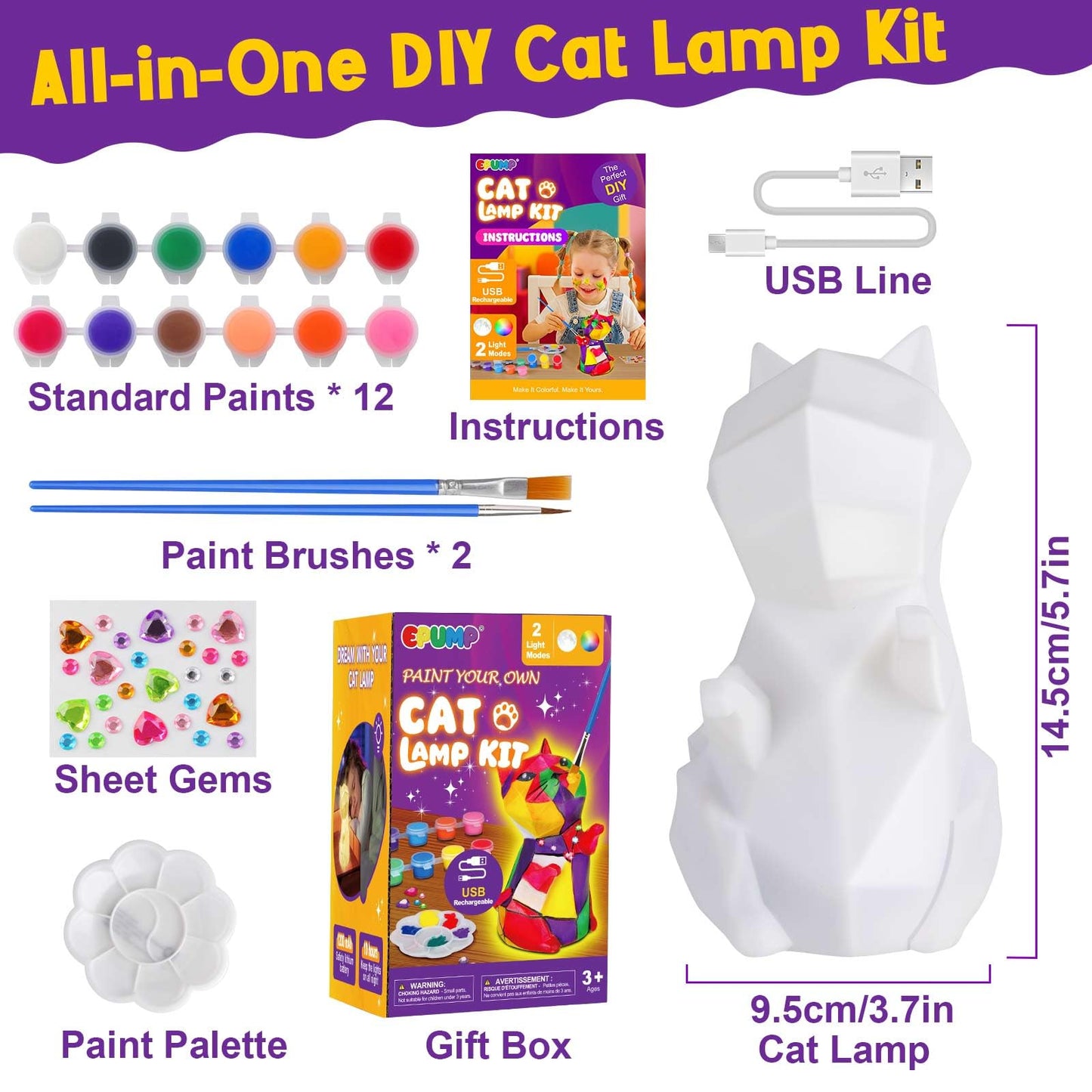 EPUMP Paint Your Own Cat Lamp Kit – Rechargeable 1200mAh Night Light for Kids 3–12
