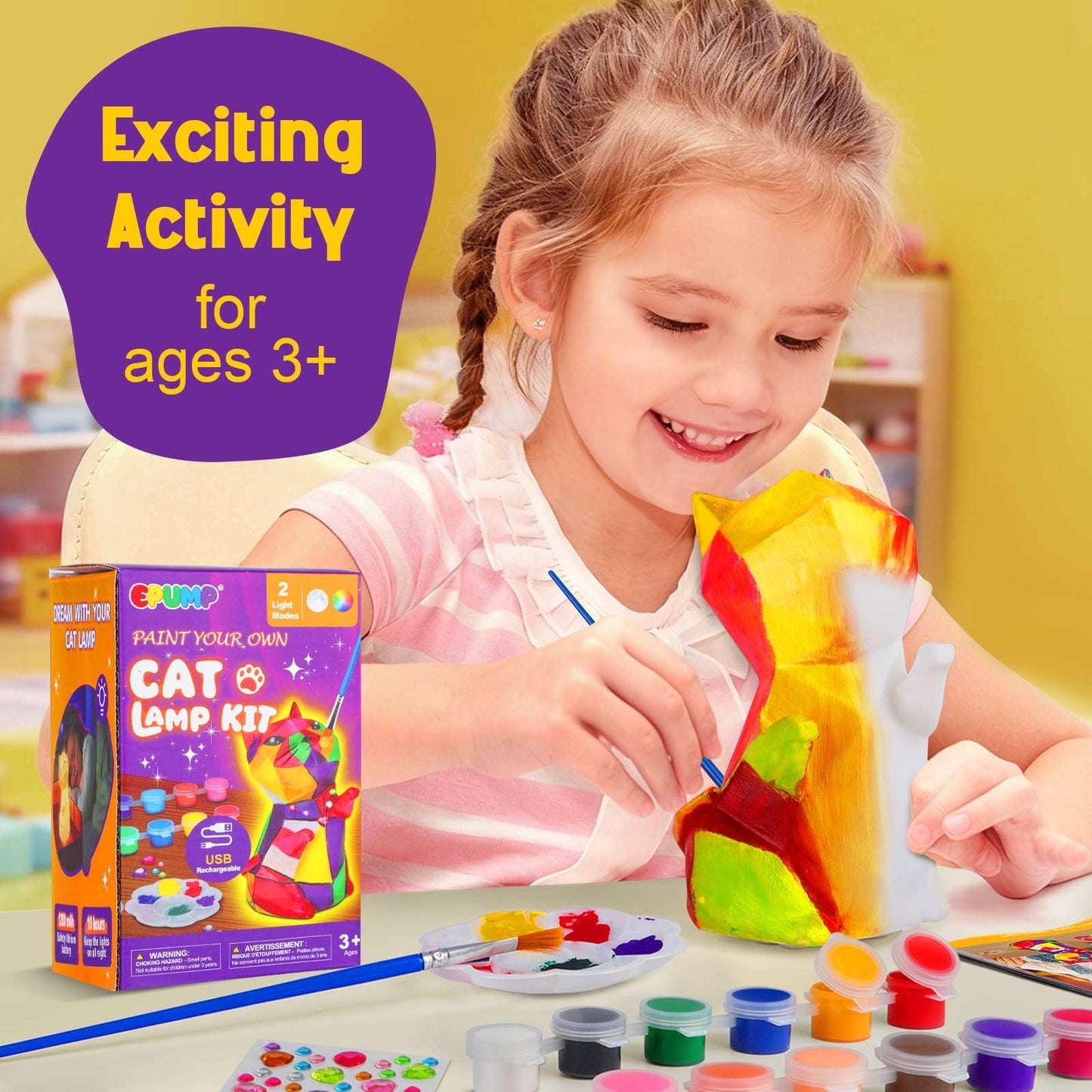 EPUMP Paint Your Own Cat Lamp Kit – Rechargeable 1200mAh Night Light for Kids 3–12