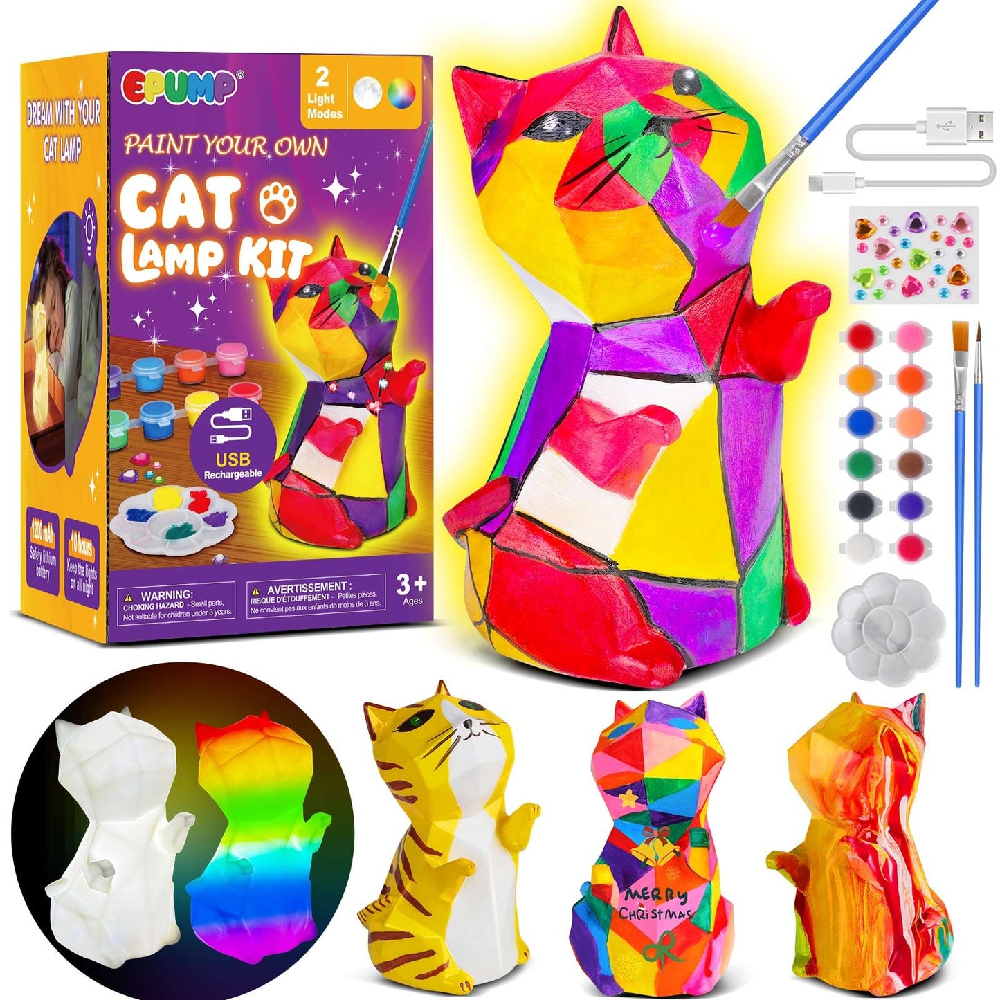 EPUMP Paint Your Own Cat Lamp Kit – Rechargeable 1200mAh Night Light for Kids 3–12