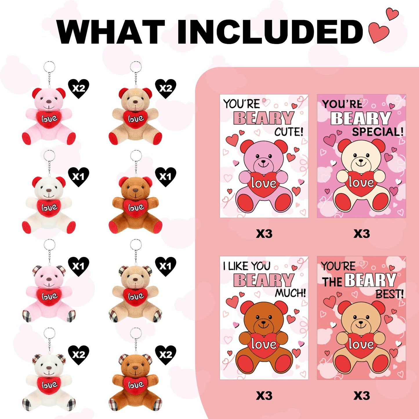 Equsion 24-Set Valentines Gift Cards with Plush Bear Keychains