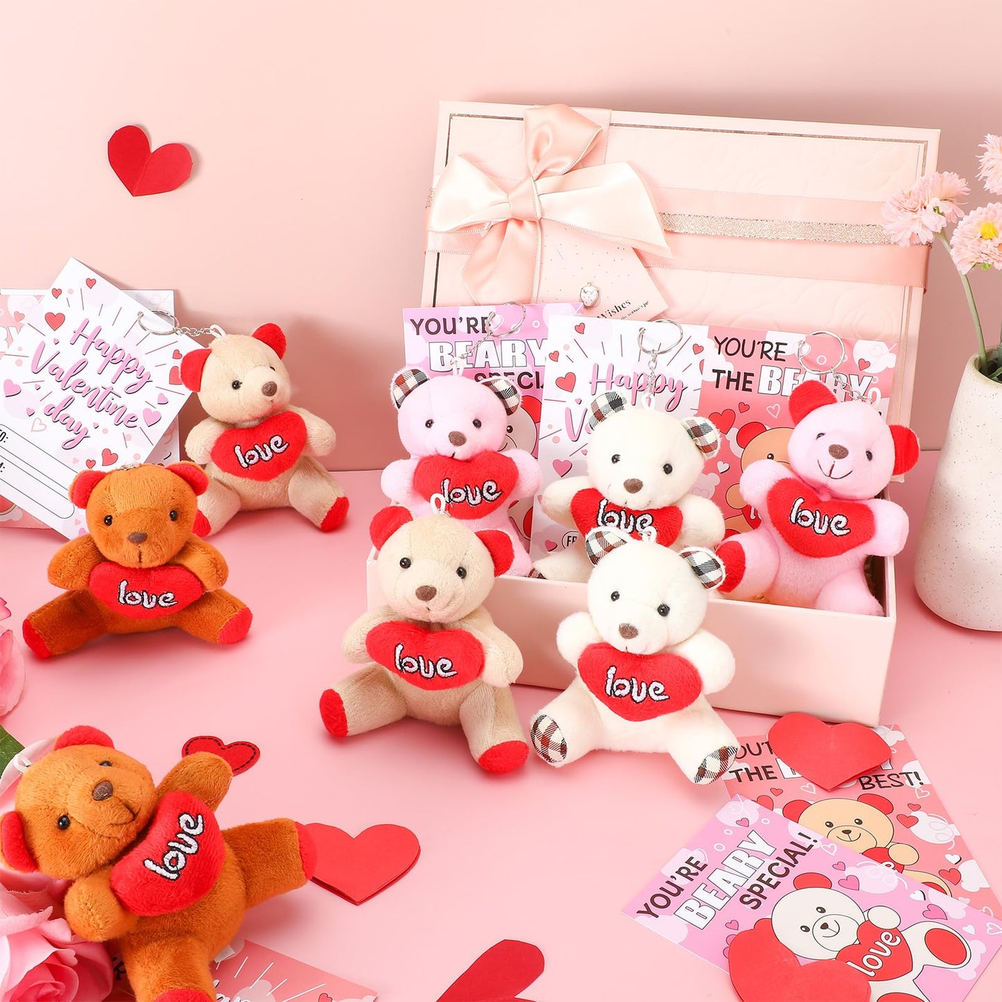 Equsion 24-Set Valentines Gift Cards with Plush Bear Keychains