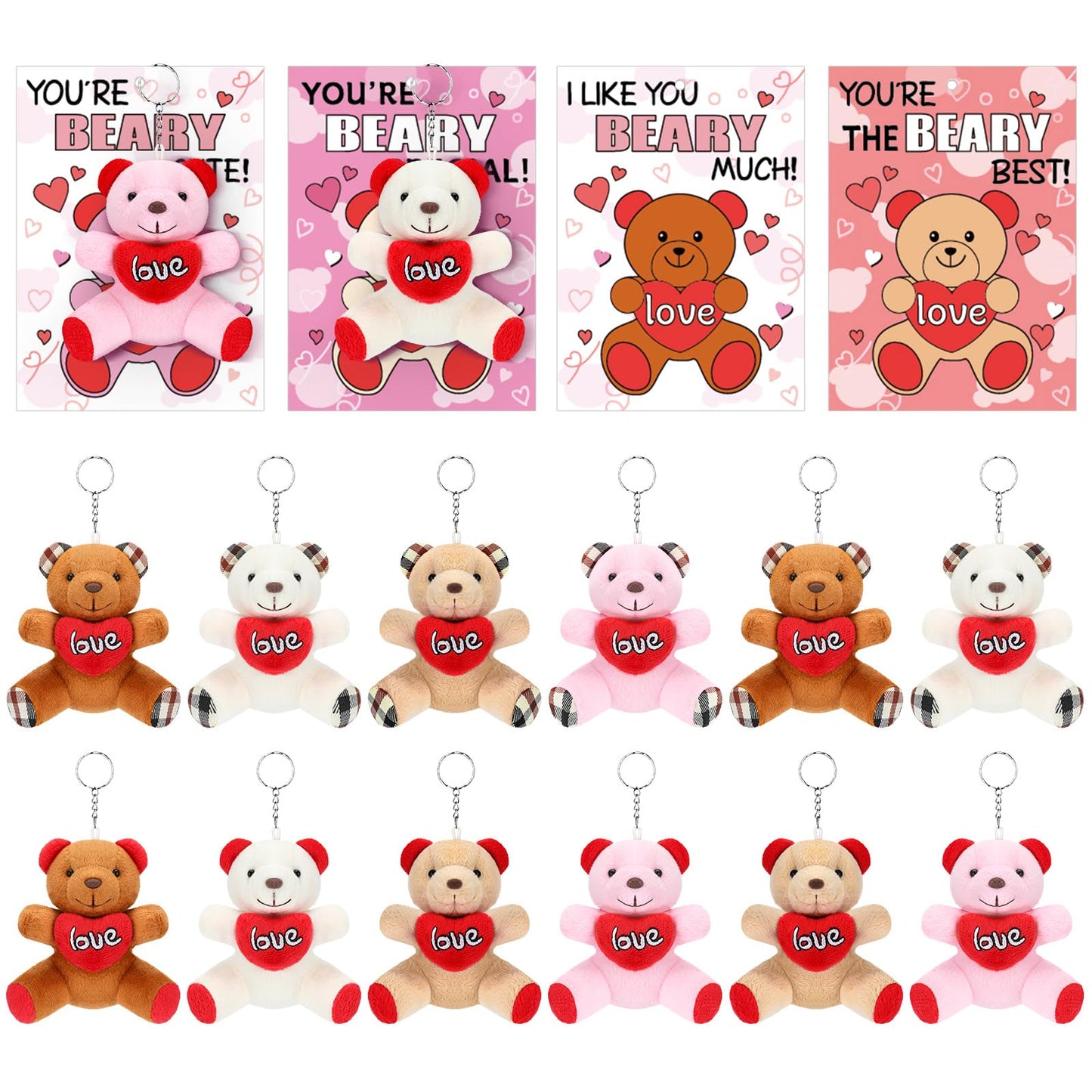 Equsion 24-Set Valentines Gift Cards with Plush Bear Keychains