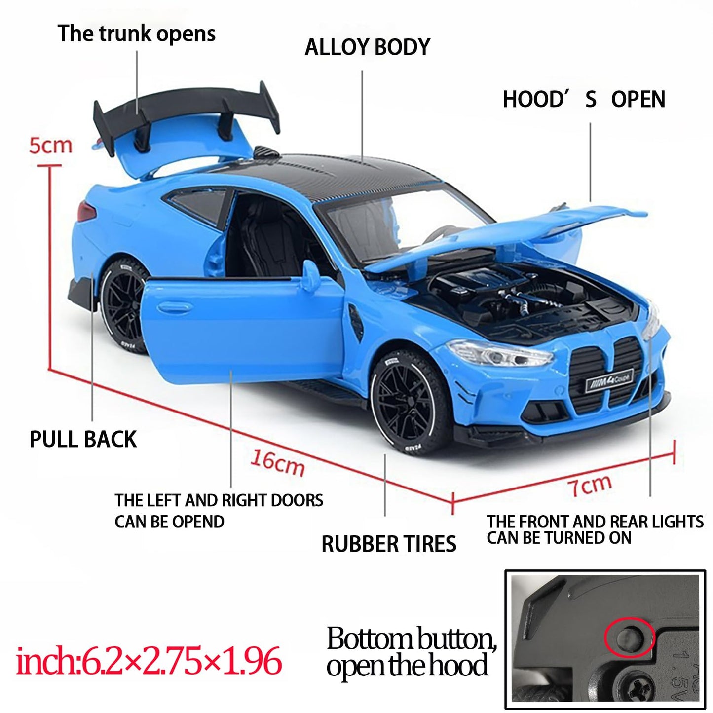 ERBADIHAGO M4 1/32 Metal Pull-Back Toy Car – Lights & Sound, Blue