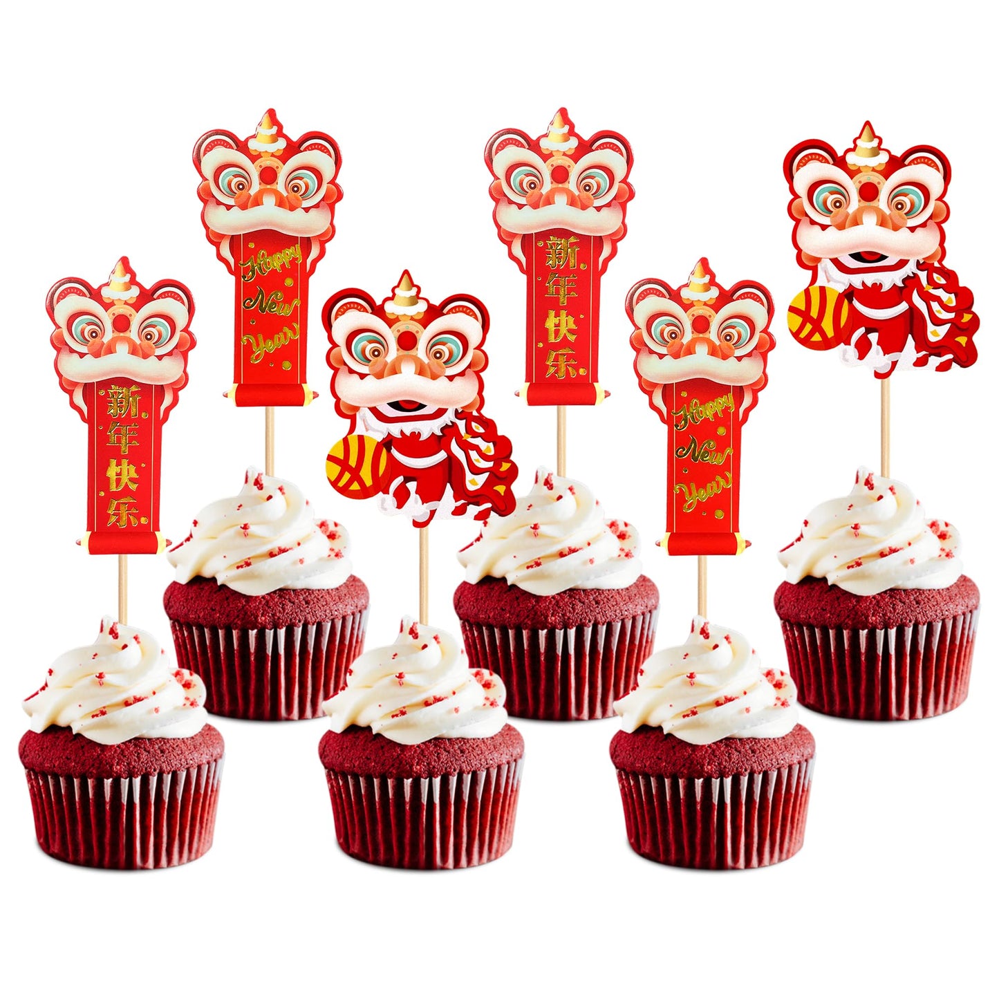 Ercadio 24Pcs Chinese New Year Cupcake Toppers Blessings Decor for 2026 New Year Party