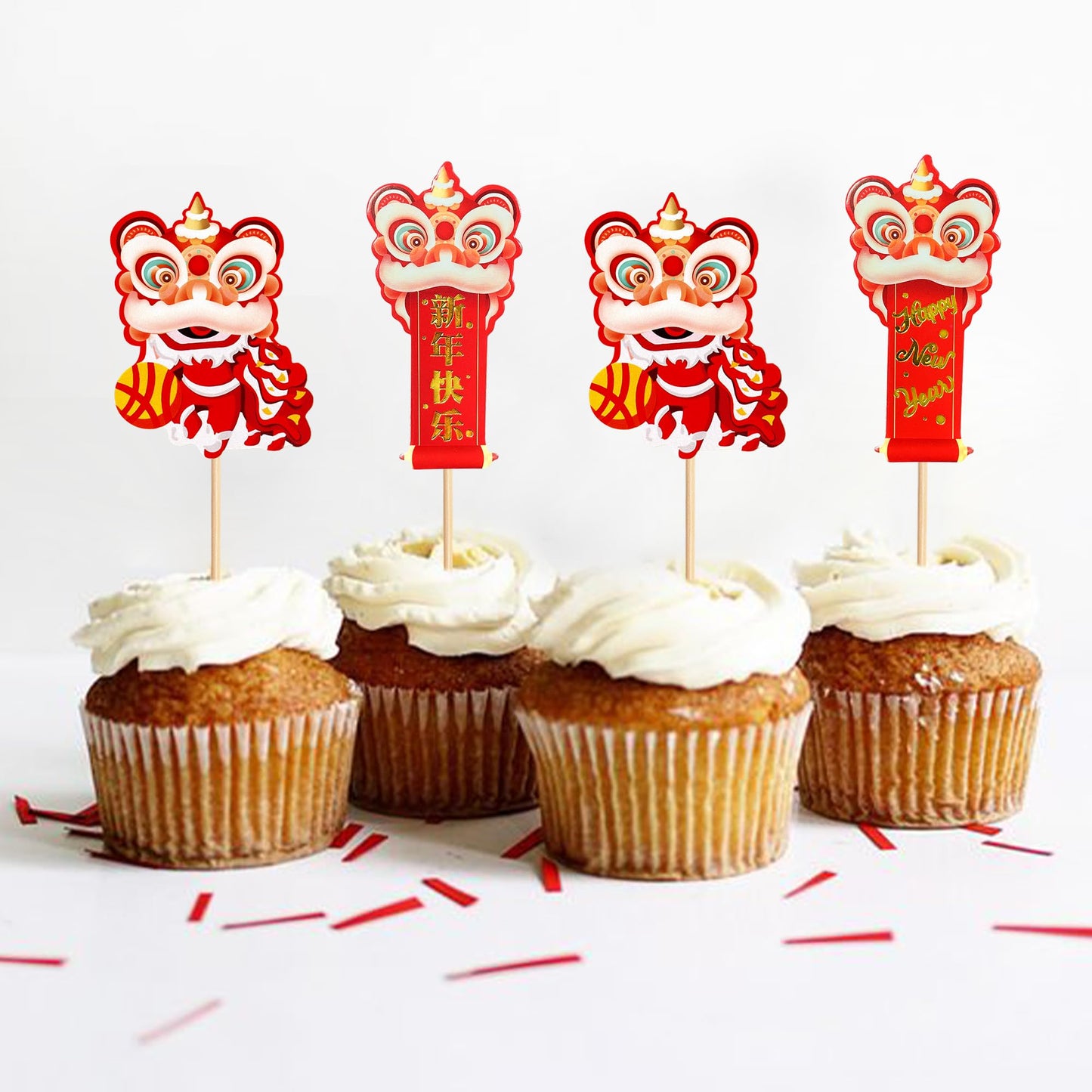Ercadio 24Pcs Chinese New Year Cupcake Toppers Blessings Decor for 2026 New Year Party