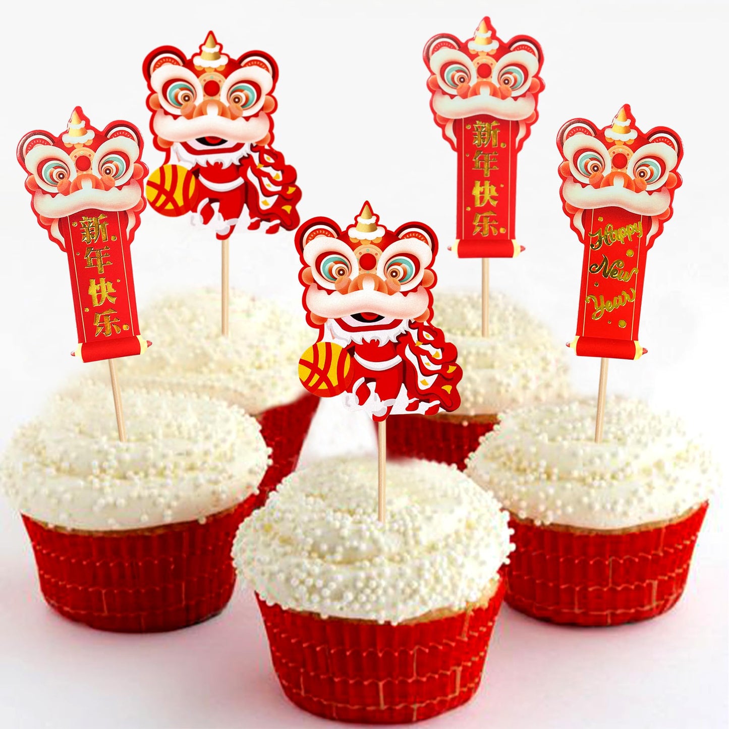 Ercadio 24Pcs Chinese New Year Cupcake Toppers Blessings Decor for 2026 New Year Party