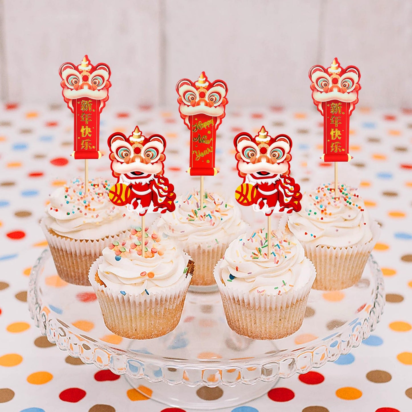 Ercadio 24Pcs Chinese New Year Cupcake Toppers Blessings Decor for 2026 New Year Party