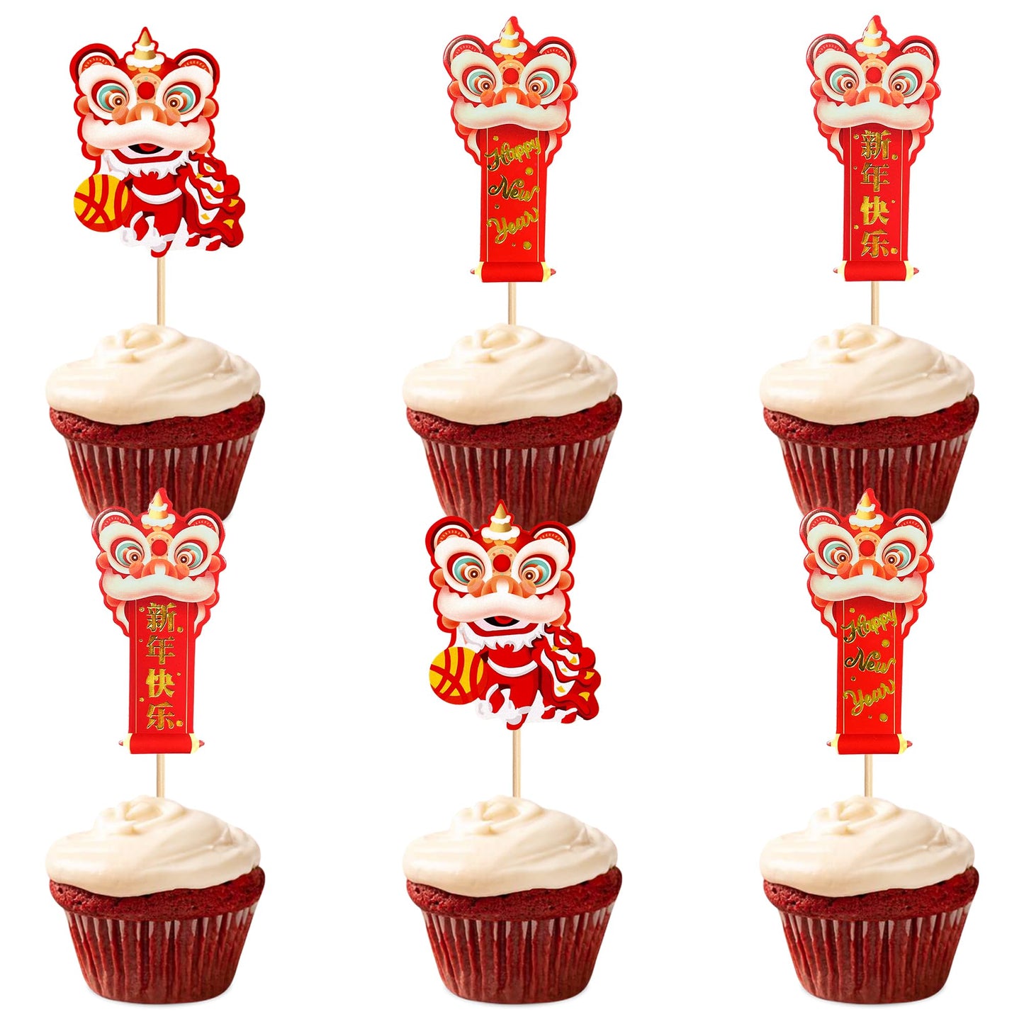 Ercadio 24Pcs Chinese New Year Cupcake Toppers Blessings Decor for 2026 New Year Party