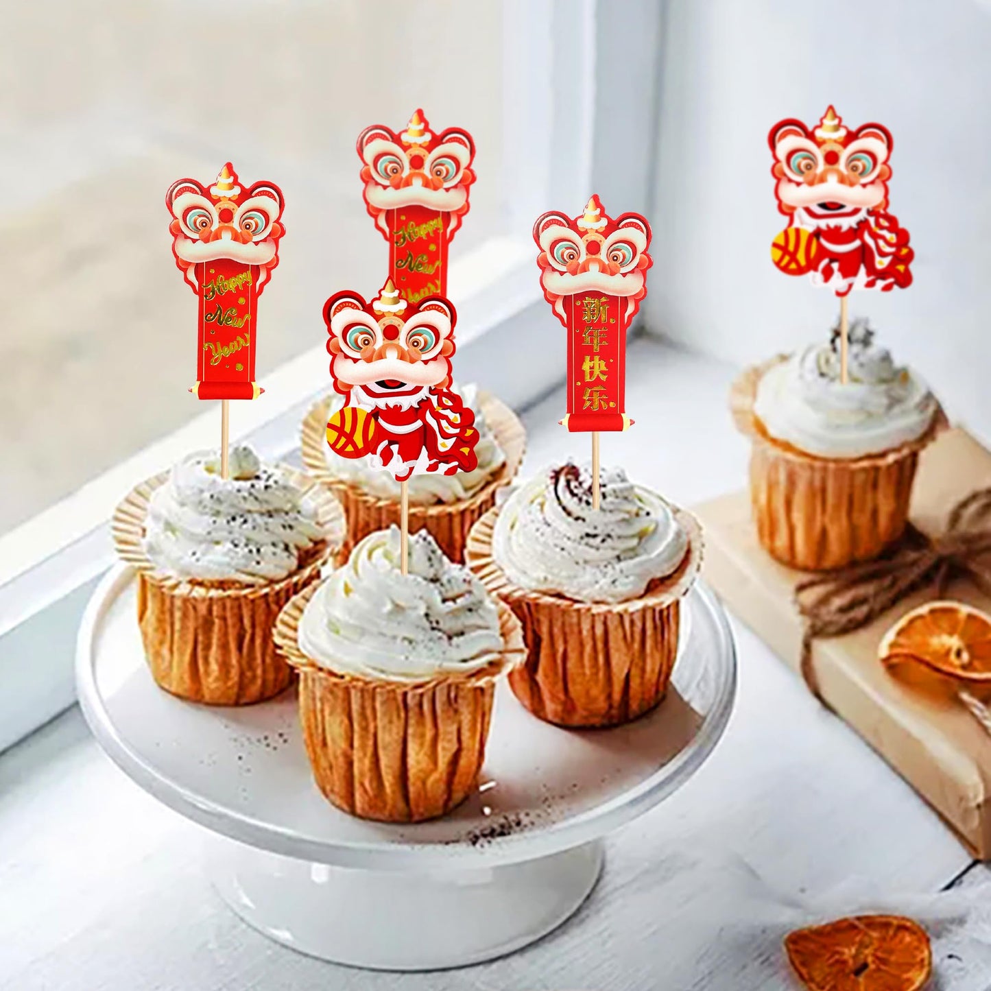 Ercadio 24Pcs Chinese New Year Cupcake Toppers Blessings Decor for 2026 New Year Party