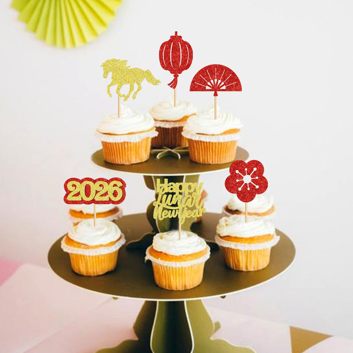 Ercadio 24 Pack Chinese New Year Cupcake Toppers – Hello 2026 Year of the Horse Cake Picks