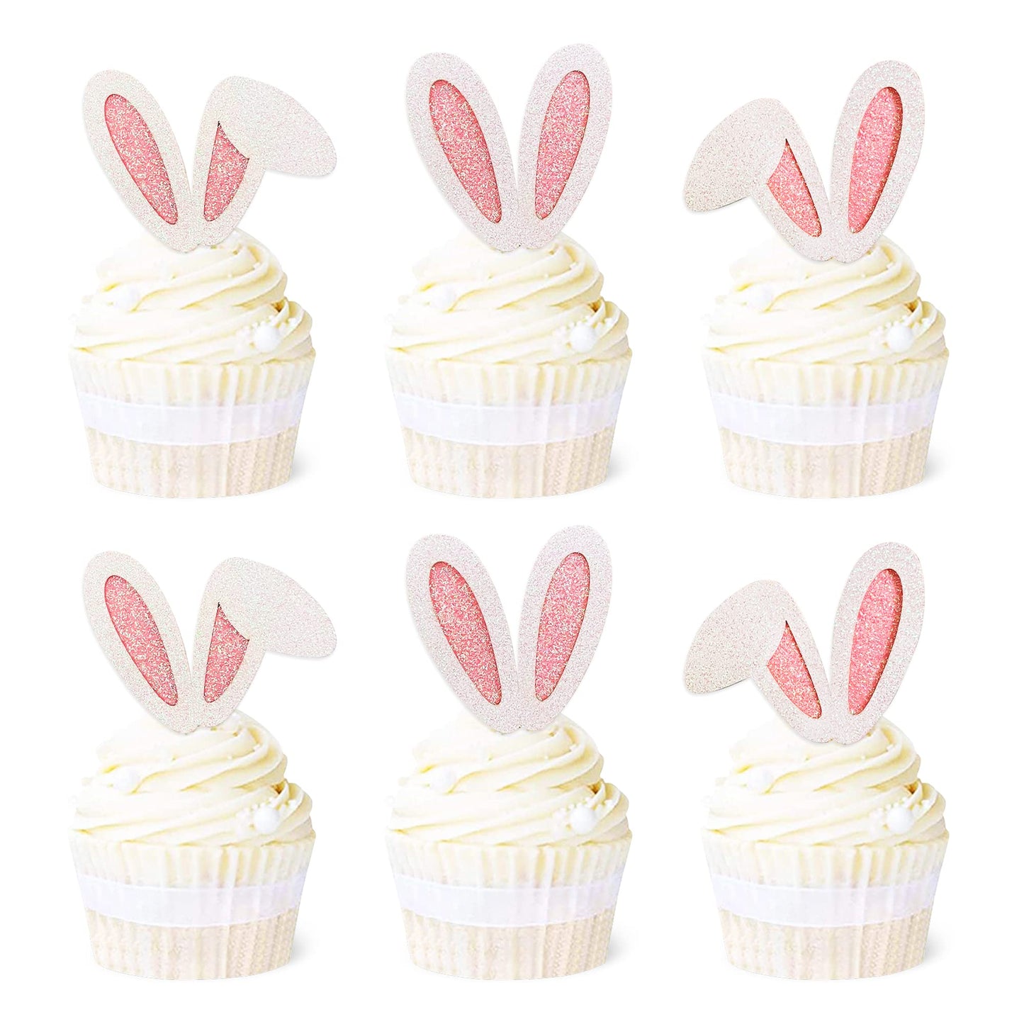 Ercadio 24 Pack Easter Bunny Ear Cupcake Toppers – Glitter Pink Rabbit Ears