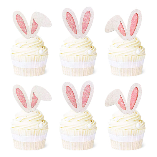 Ercadio 24 Pack Easter Bunny Ear Cupcake Toppers – Glitter Pink Rabbit Ears
