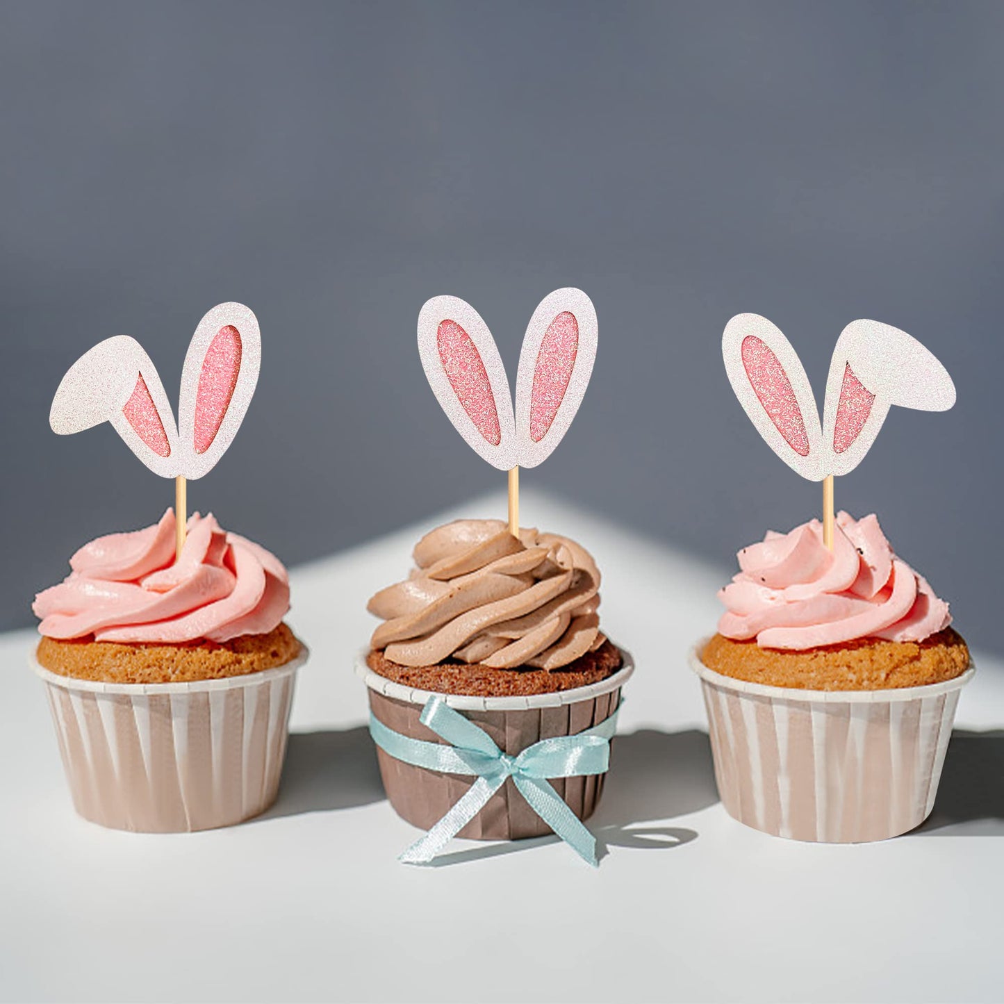 Ercadio 24 Pack Easter Bunny Ear Cupcake Toppers – Glitter Pink Rabbit Ears