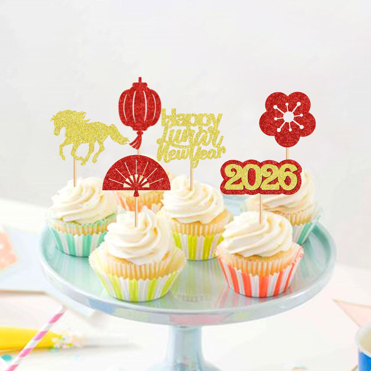 Ercadio 24 Pack Chinese New Year Cupcake Toppers – Hello 2026 Year of the Horse Cake Picks