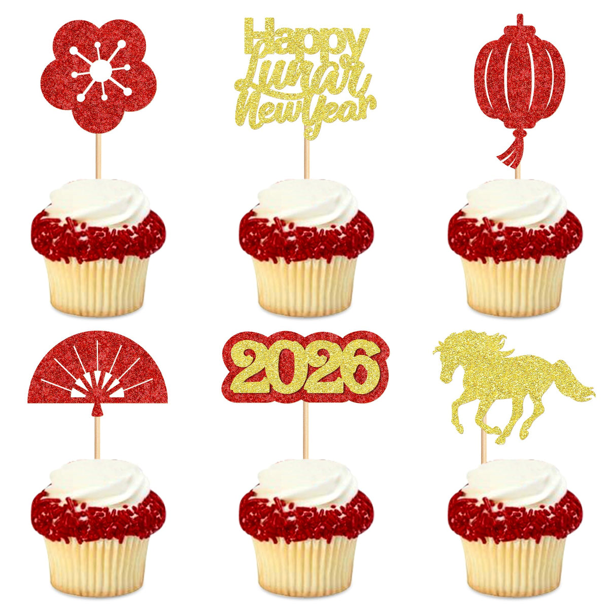 Ercadio 24 Pack Chinese New Year Cupcake Toppers – Hello 2026 Year of the Horse Cake Picks