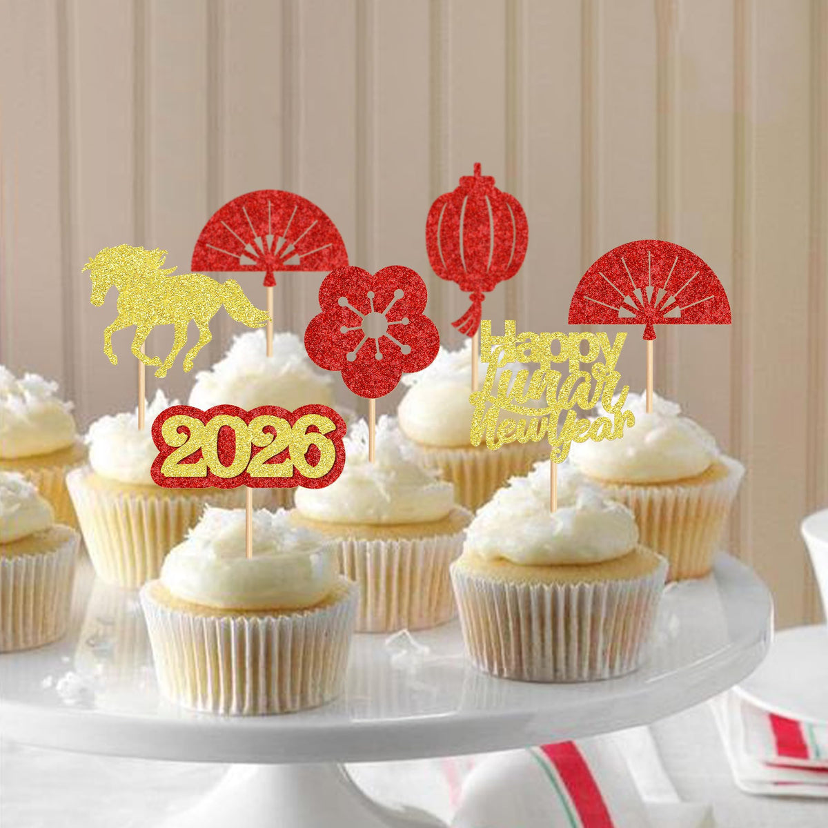 Ercadio 24 Pack Chinese New Year Cupcake Toppers – Hello 2026 Year of the Horse Cake Picks