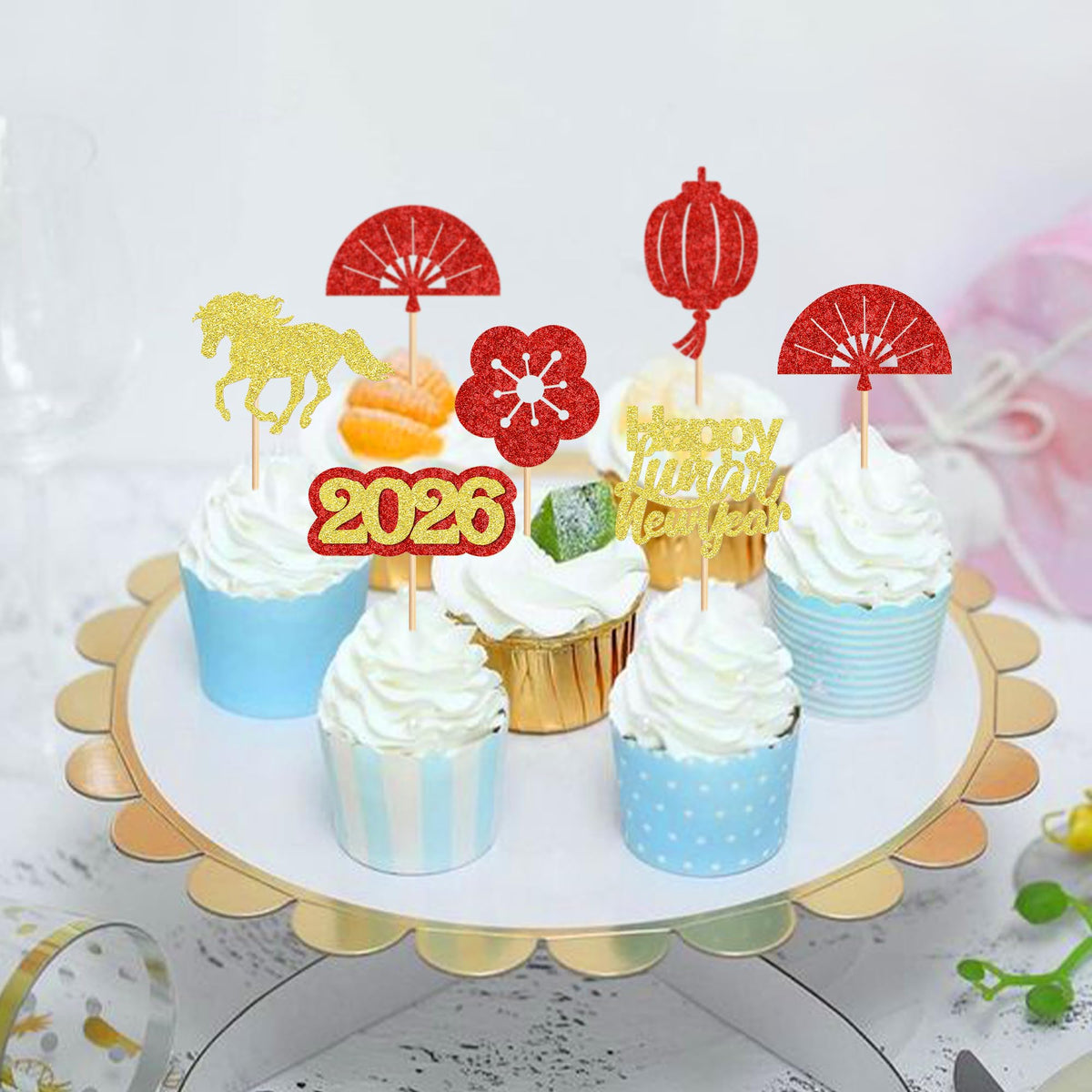 Ercadio 24 Pack Chinese New Year Cupcake Toppers – Hello 2026 Year of the Horse Cake Picks