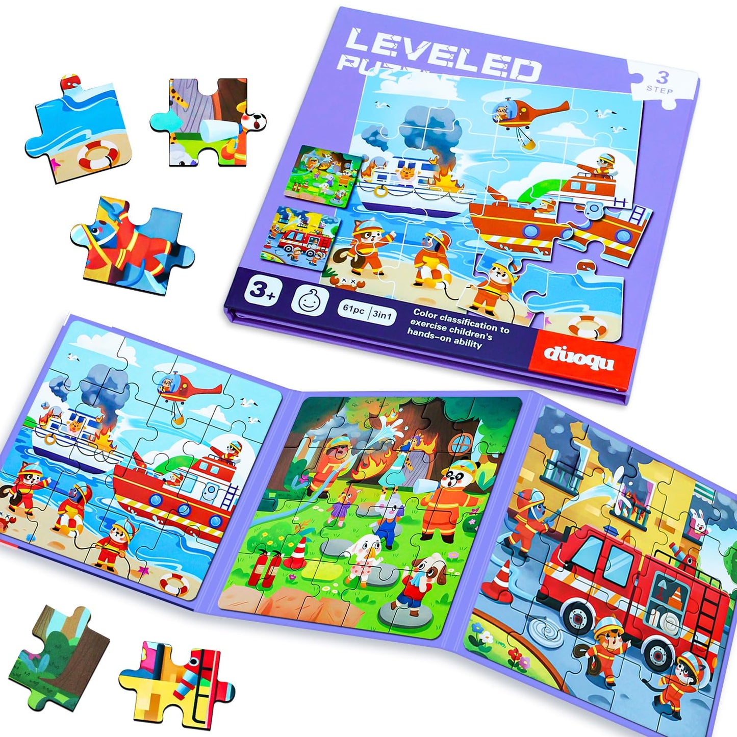 EREBADI Fire Brigade Magnetic Puzzles — 3-in-1 Jigsaw Travel Book for Ages 3–8