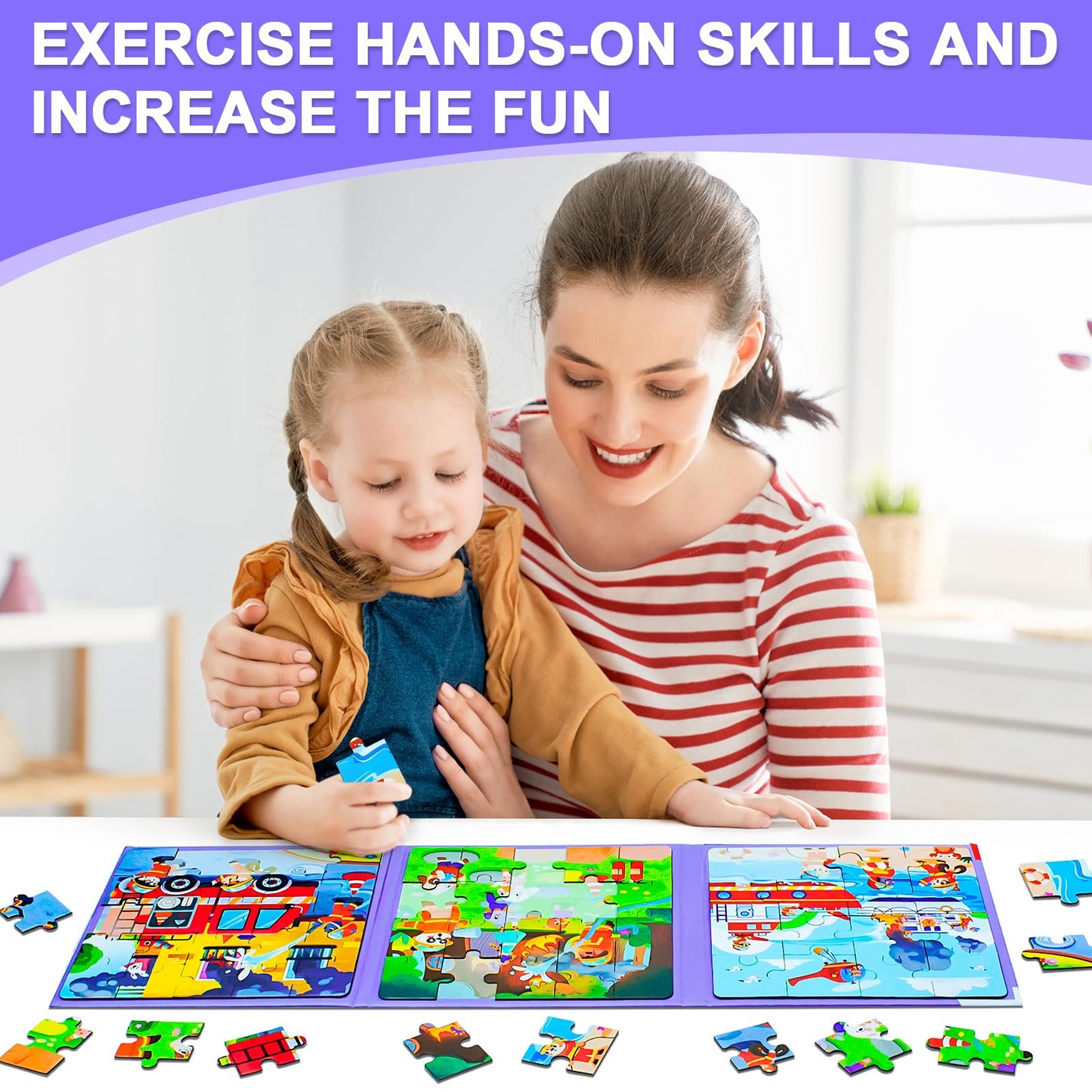 EREBADI Fire Brigade Magnetic Puzzles — 3-in-1 Jigsaw Travel Book for Ages 3–8