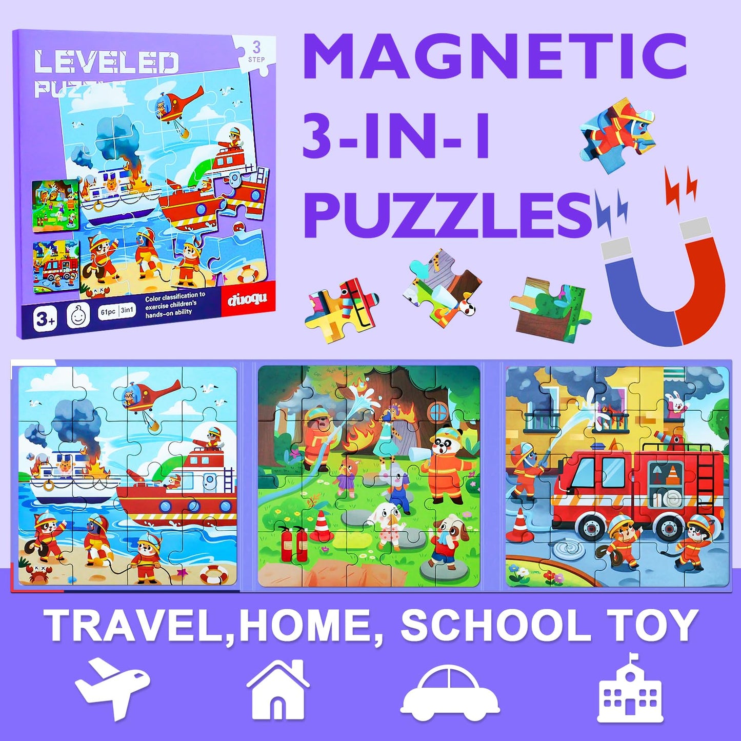 EREBADI Fire Brigade Magnetic Puzzles — 3-in-1 Jigsaw Travel Book for Ages 3–8