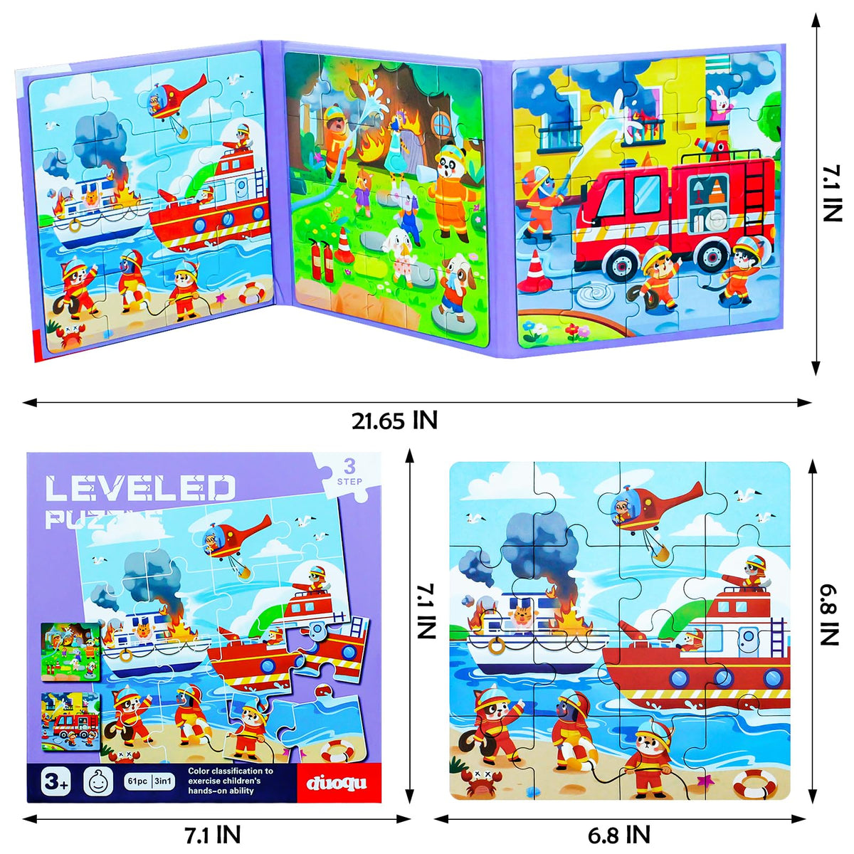 EREBADI Fire Brigade Magnetic Puzzles — 3-in-1 Jigsaw Travel Book for Ages 3–8