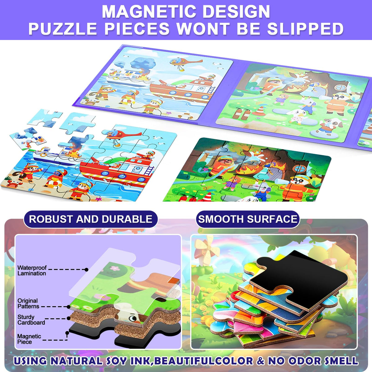 EREBADI Fire Brigade Magnetic Puzzles — 3-in-1 Jigsaw Travel Book for Ages 3–8