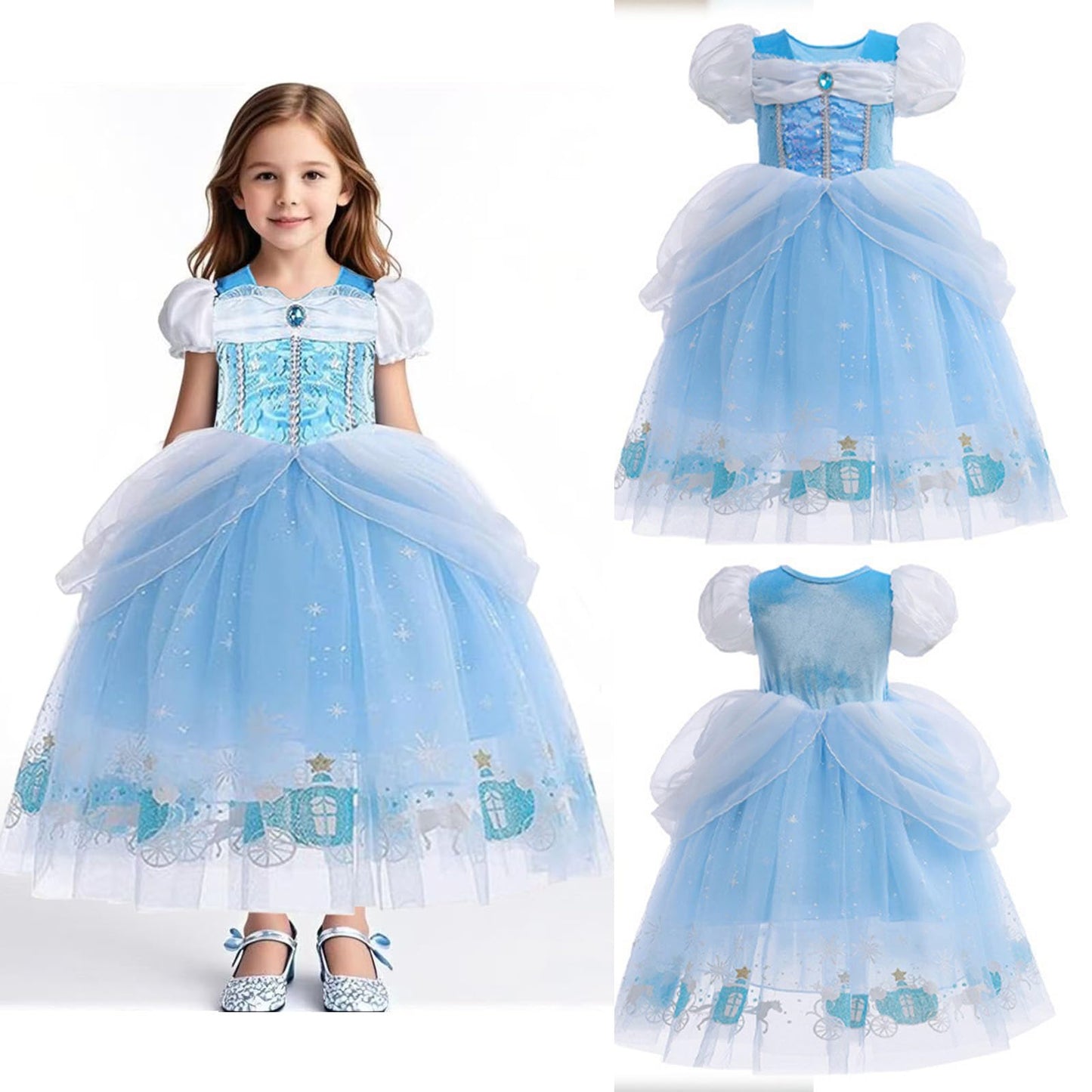 ERGO QUEEN Princess Dress Blue with Mouse Ears Headband for Girls 5-6