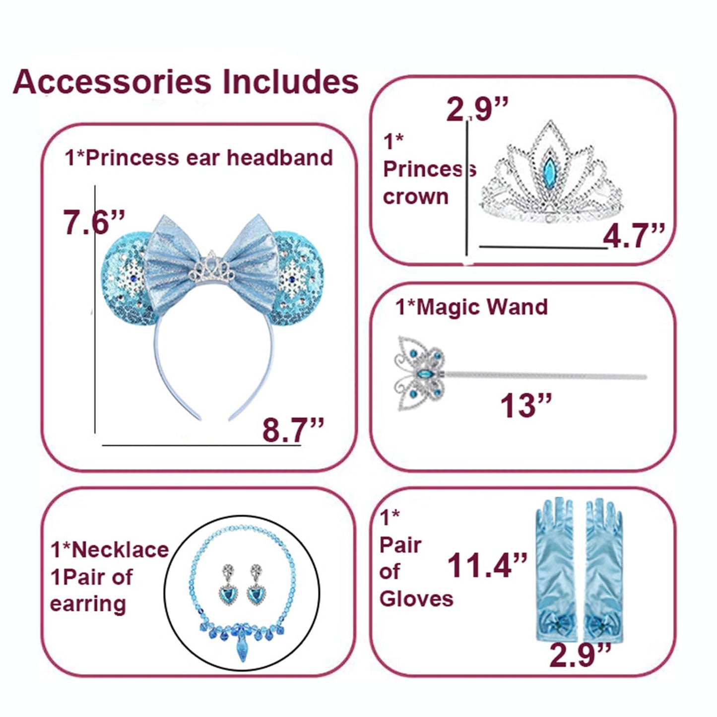 ERGO QUEEN Princess Dress Blue with Mouse Ears Headband for Girls 5-6