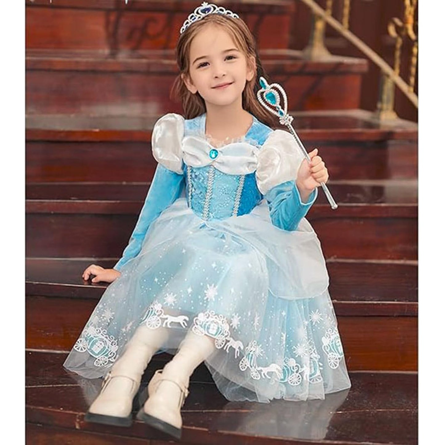 ERGO QUEEN Princess Dress Blue with Mouse Ears Headband for Girls 5-6