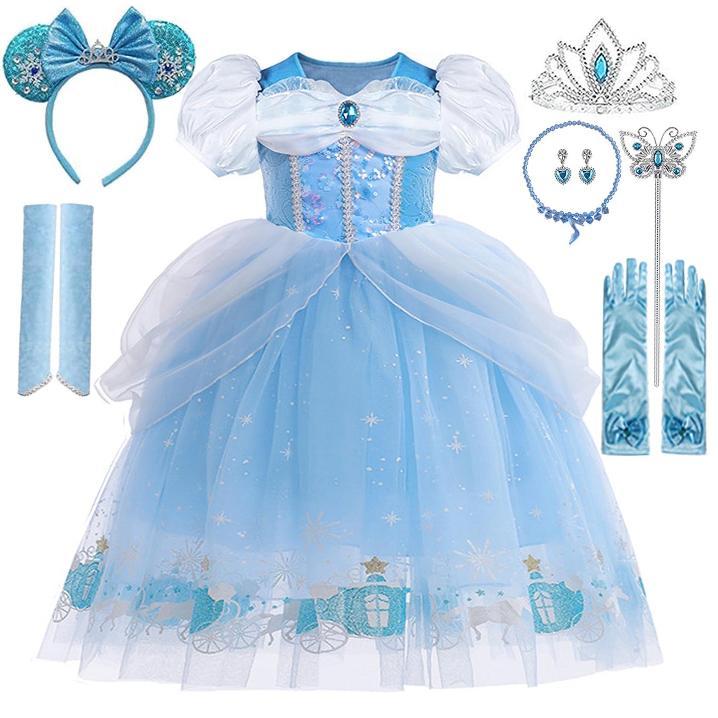 ERGO QUEEN Princess Dress Blue with Mouse Ears Headband for Girls 5-6