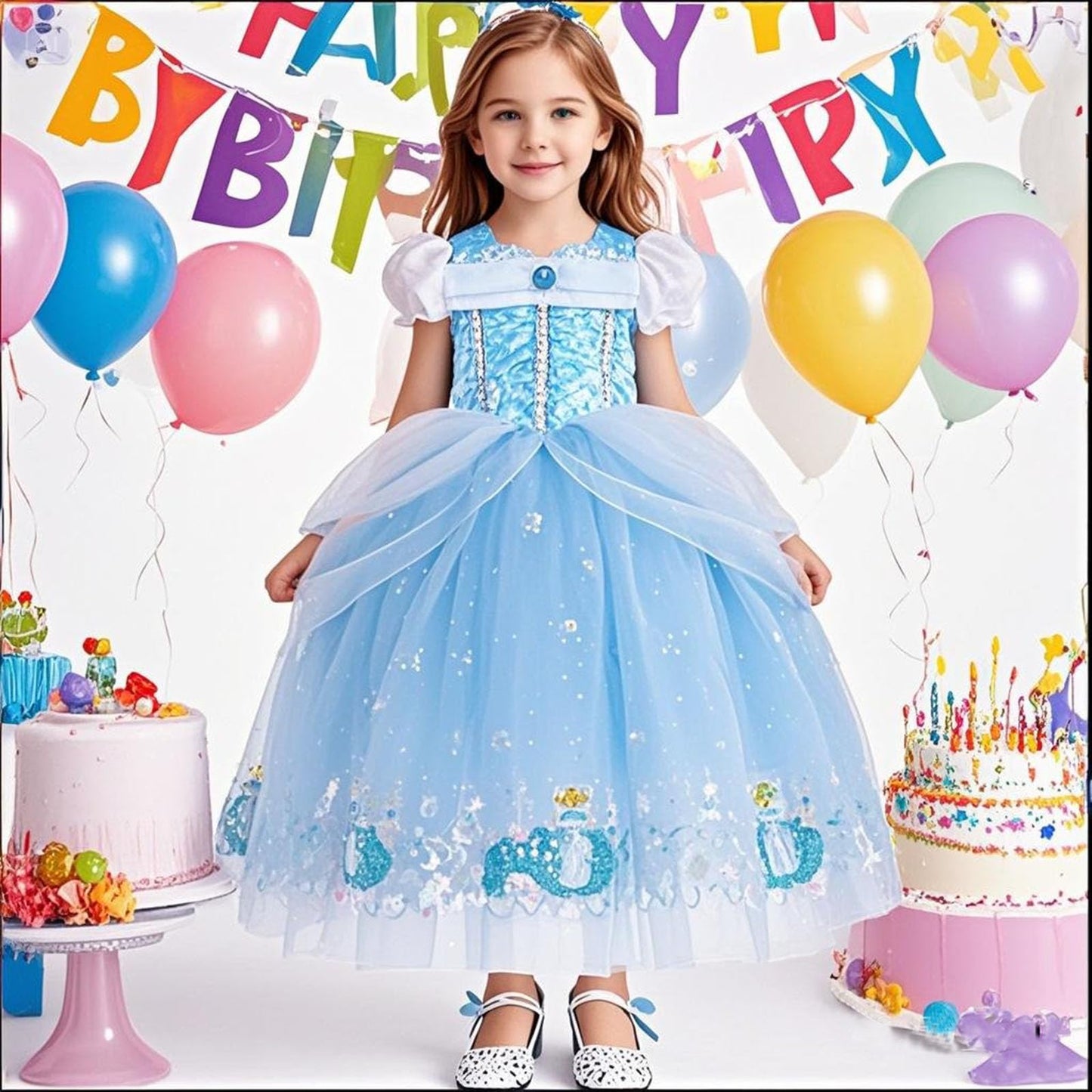 ERGO QUEEN Princess Dress Blue with Mouse Ears Headband for Girls 5-6