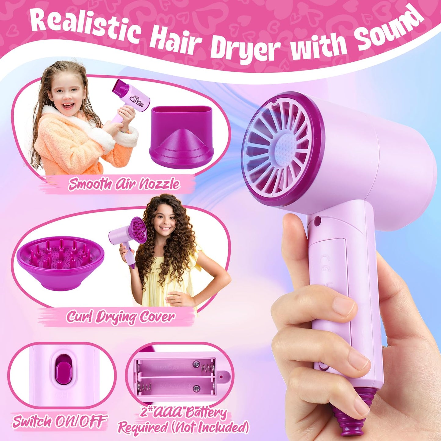 ERHAICAT Hair Salon Toys for Girls — 40 Pcs Pretend Play Set with Realistic Dryer & Curling Iron