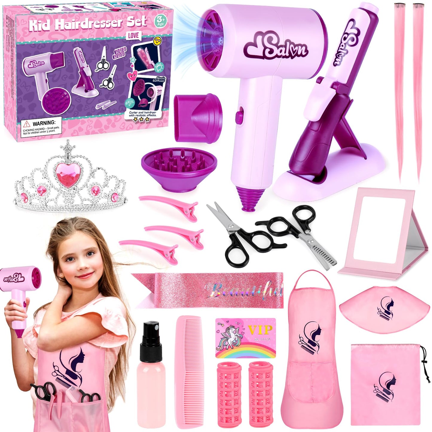 ERHAICAT Hair Salon Toys for Girls — 40 Pcs Pretend Play Set with Realistic Dryer & Curling Iron