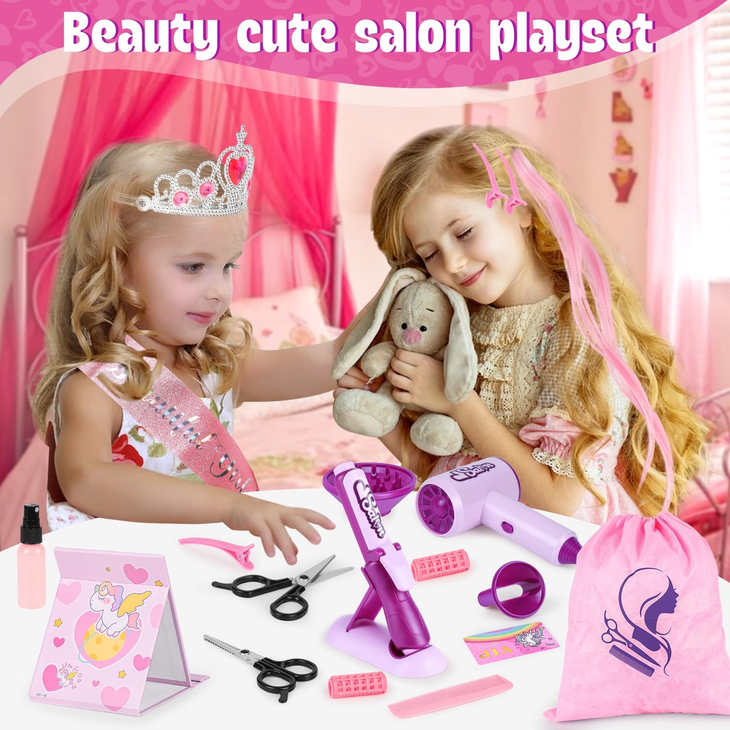 ERHAICAT Hair Salon Toys for Girls — 40 Pcs Pretend Play Set with Realistic Dryer & Curling Iron