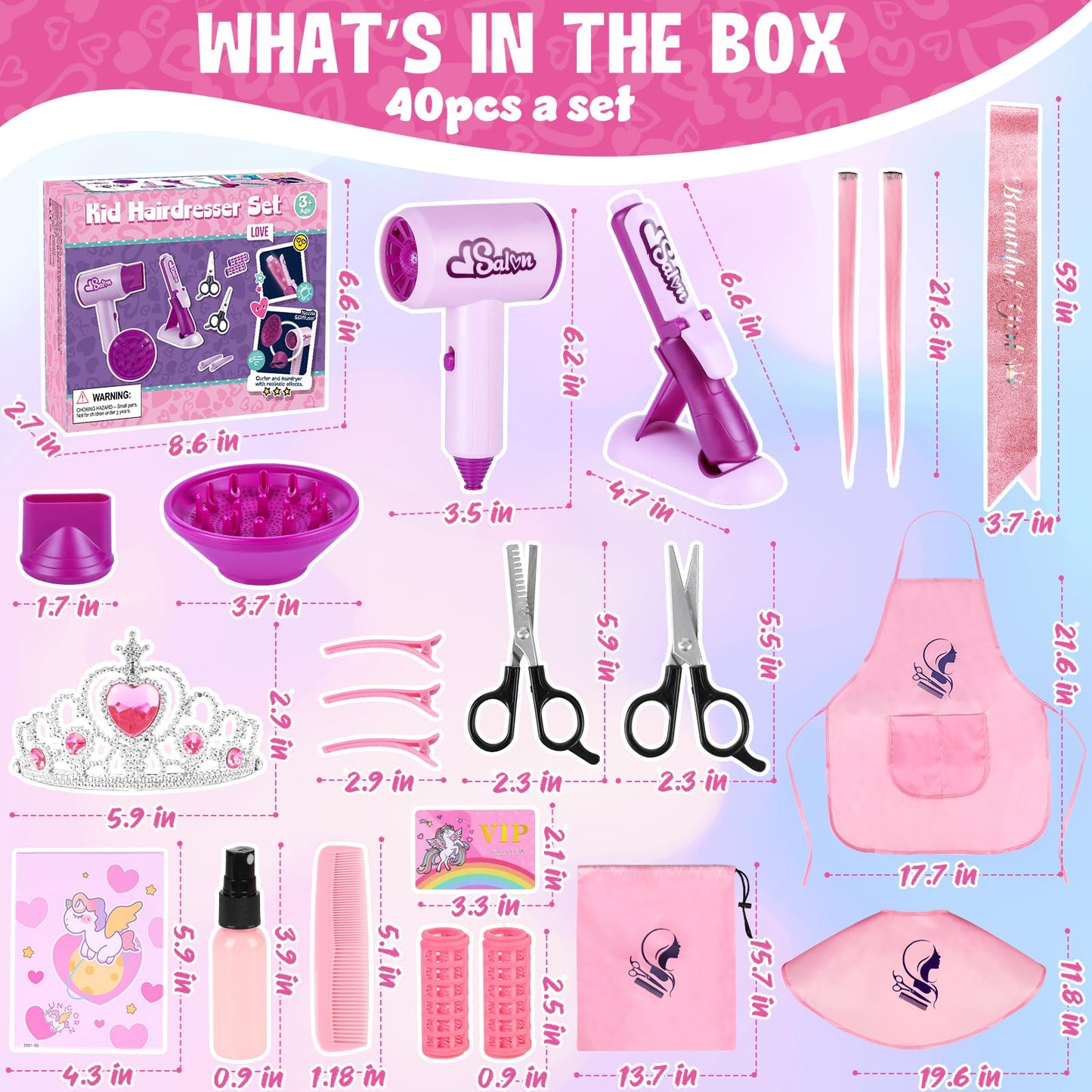 ERHAICAT Hair Salon Toys for Girls — 40 Pcs Pretend Play Set with Realistic Dryer & Curling Iron