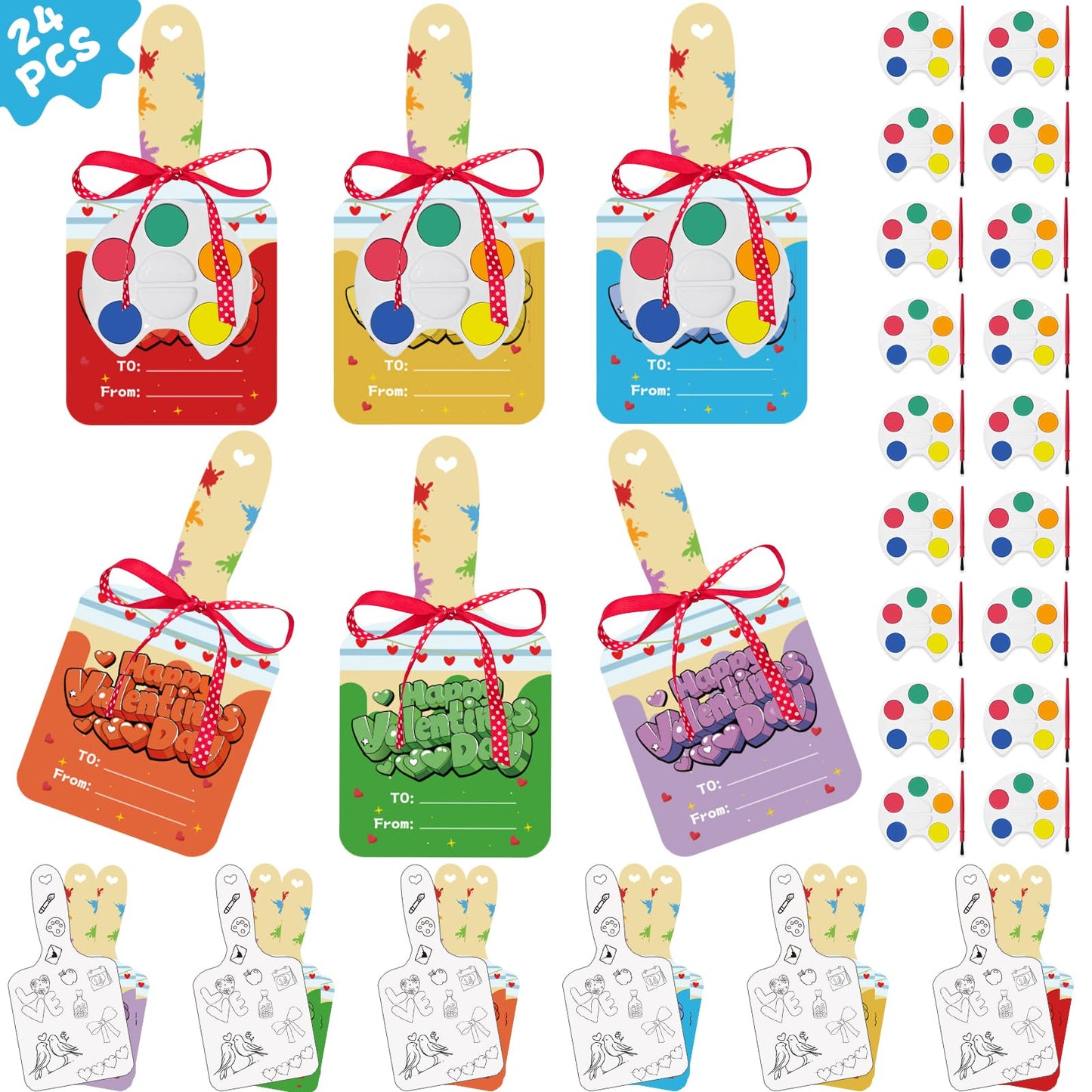 Eruner Valentines Day Gifts for Kids – 24 Pack Watercolor Cards & Paint Set
