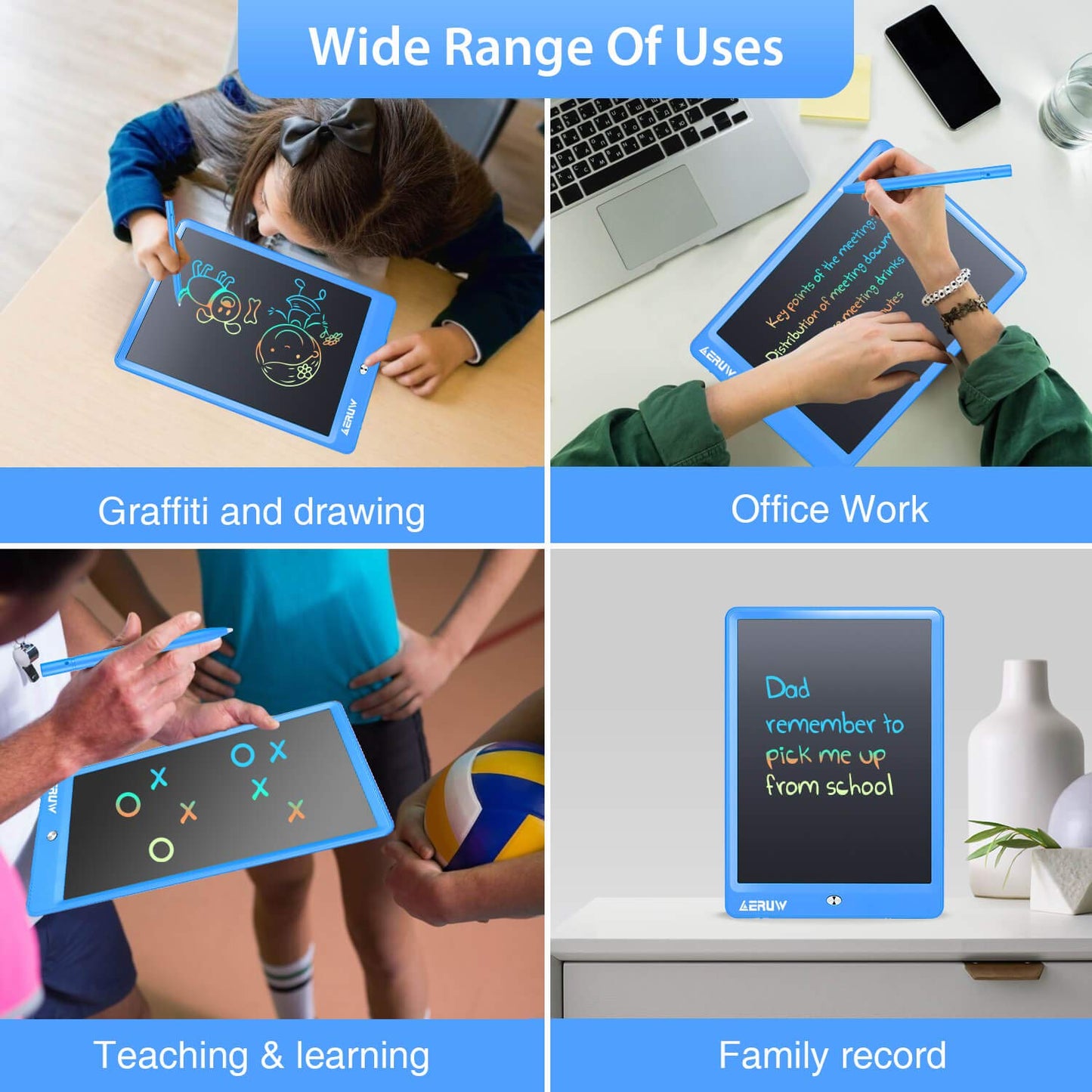ERUW LCD Writing Tablet 10-Inch Colorful Doodle Board with Memory Lock (Blue)